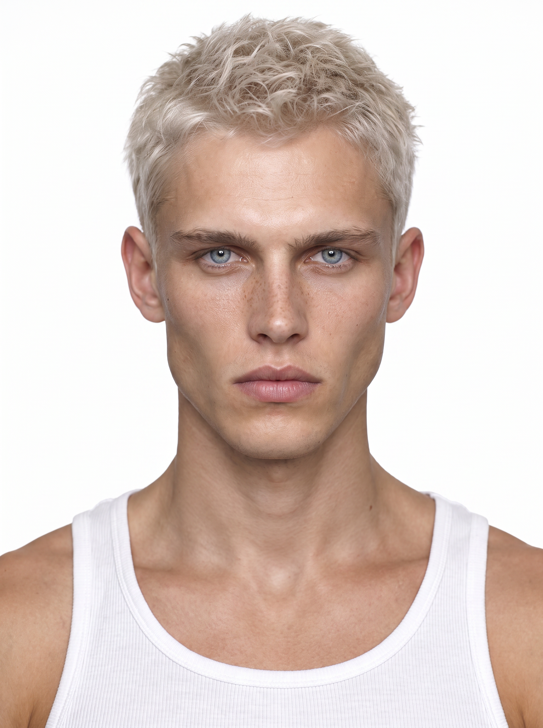 A young male fashion model with short platinum blonde textured hair, blue eyes, wearing a white tank top, medium shot, plain white background, studio lighting, photo-realistic.