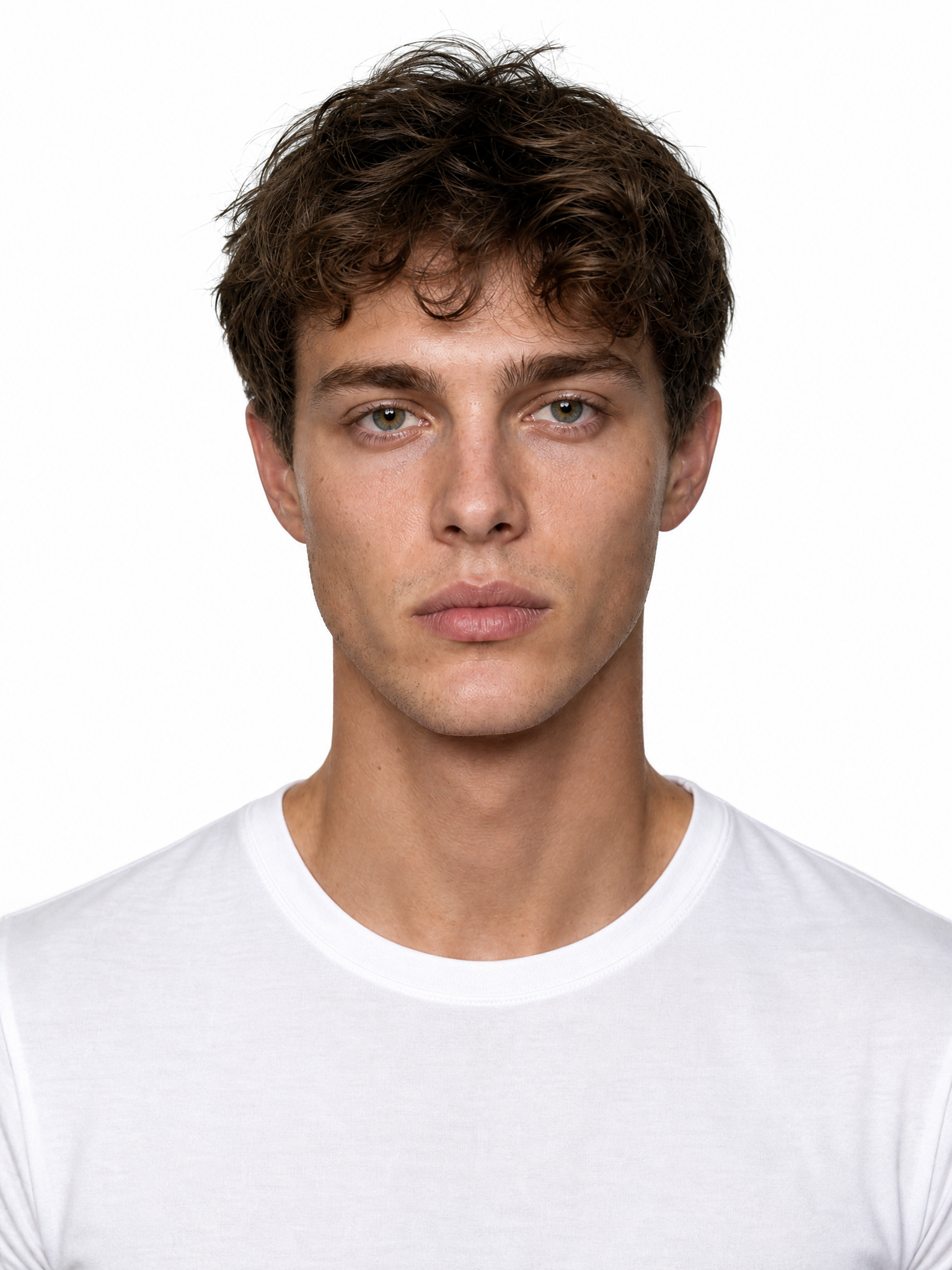 Young male fashion model with medium brown, loosely curled hair.