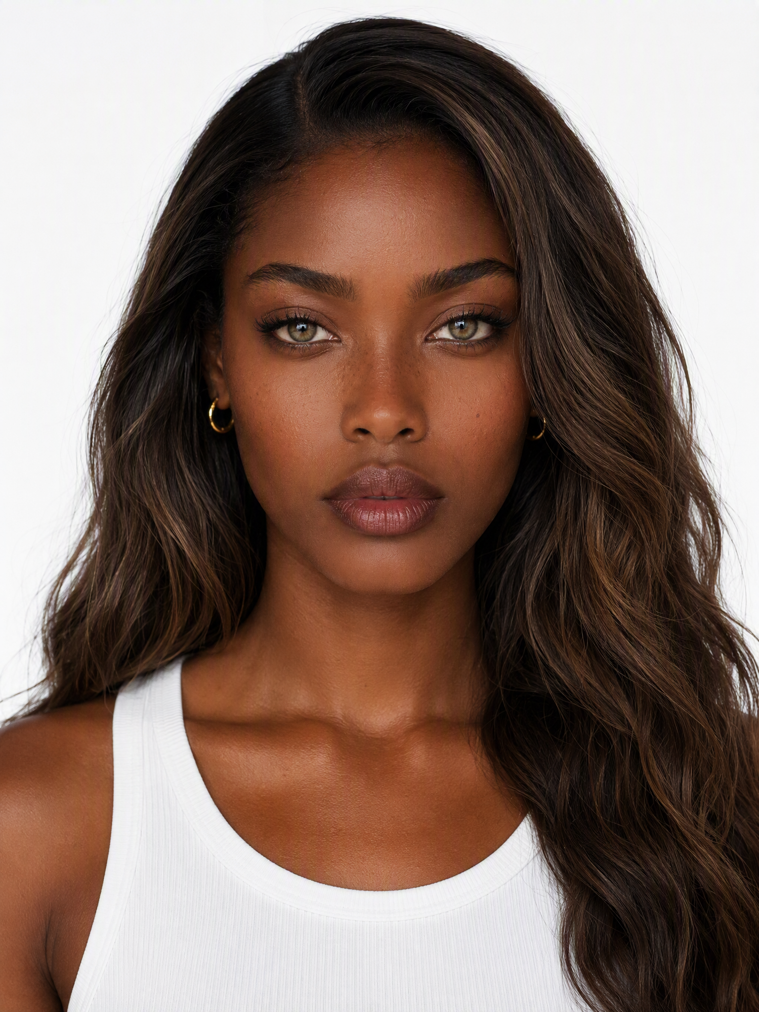 A young Black female model with long wavy dark brown hair, green eyes, medium shot, plain white background, studio lighting, photo-realistic.