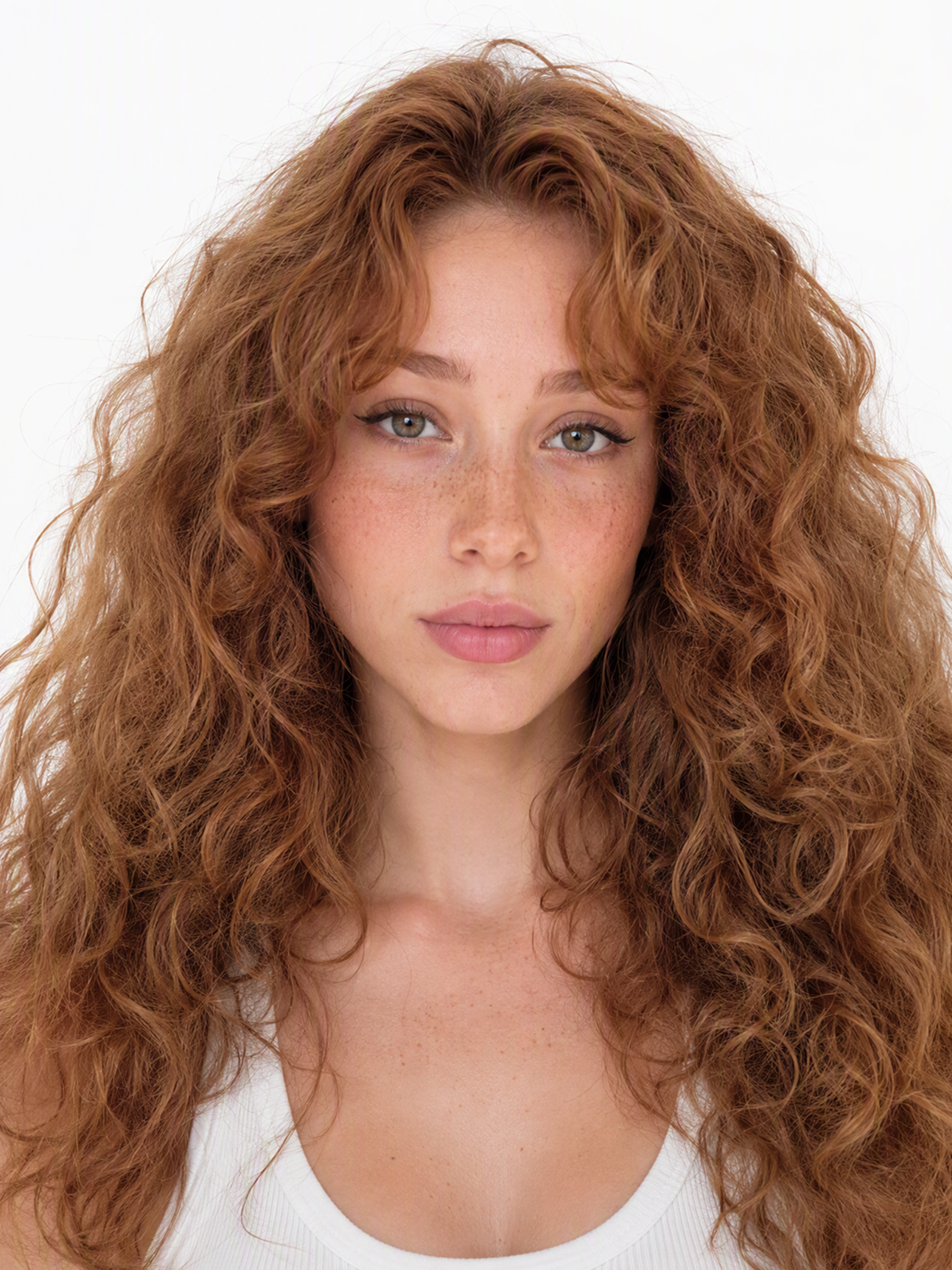 A young female fashion model with long voluminous curly reddish-brown hair, freckles, hazel eyes, medium shot, plain white background, studio lighting, photo-realistic.