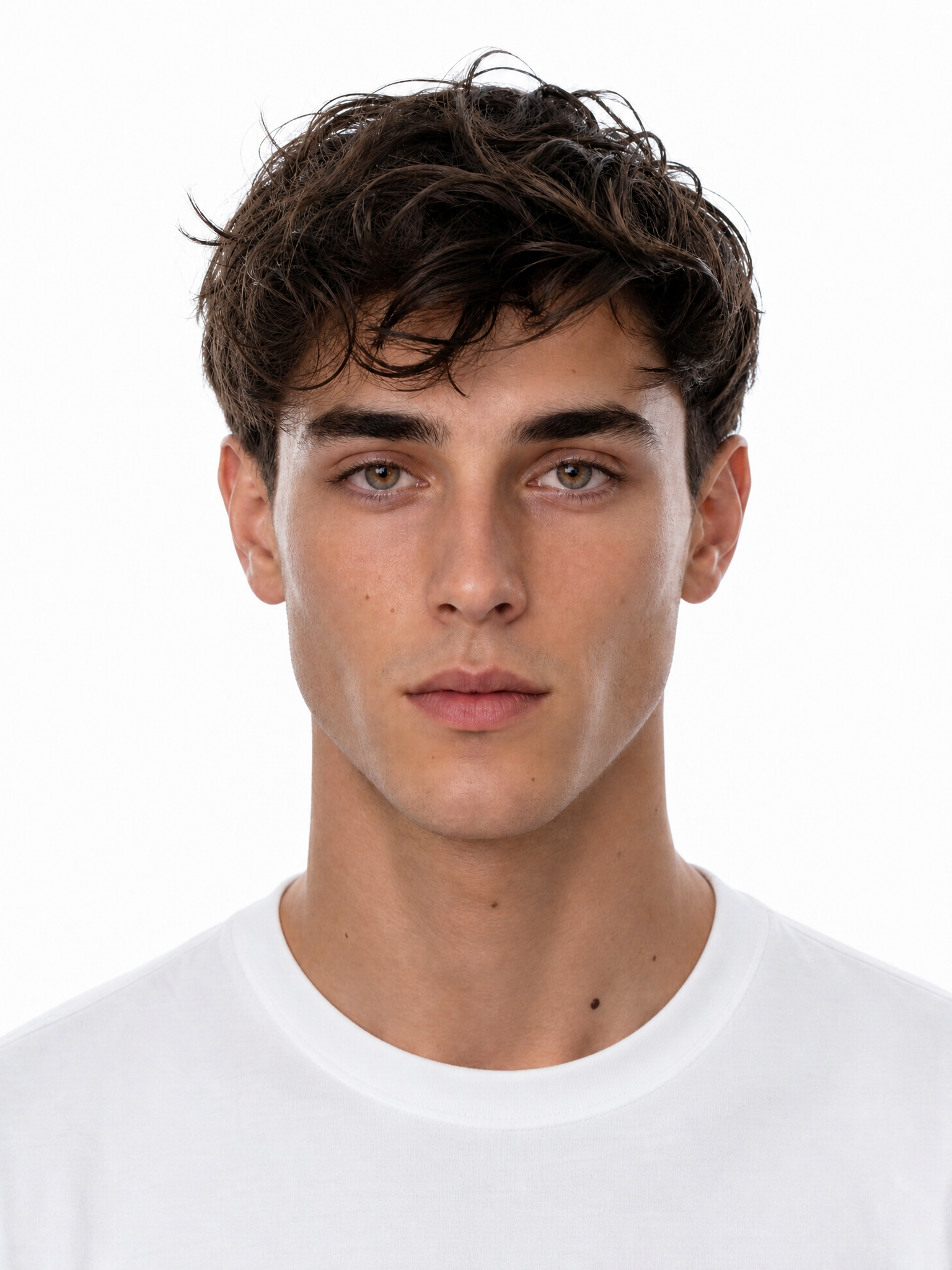 Young male fashion model with tousled, wavy dark brown hair and light green eyes.