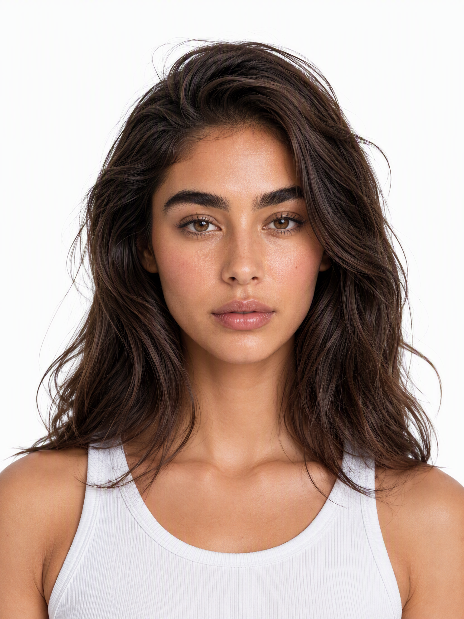 Young female fashion model with shoulder-length, voluminous dark brown hair.