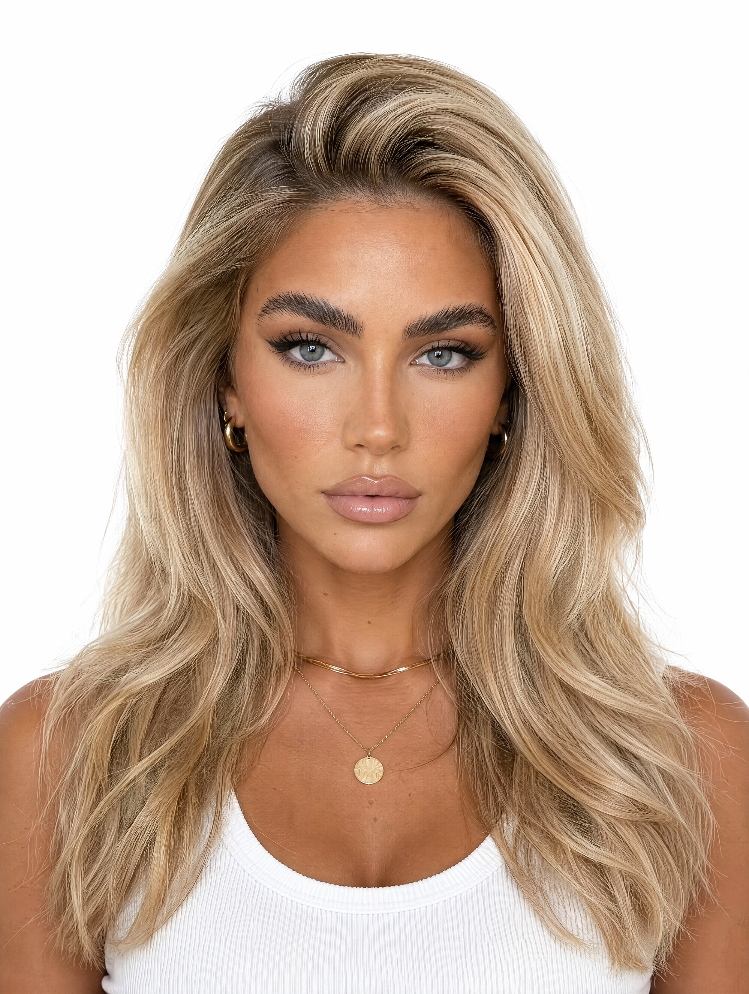 A young female fashion model with voluminous side-parted blonde hair, blue eyes, gold necklace, medium shot, plain white background, studio lighting, photo-realistic.