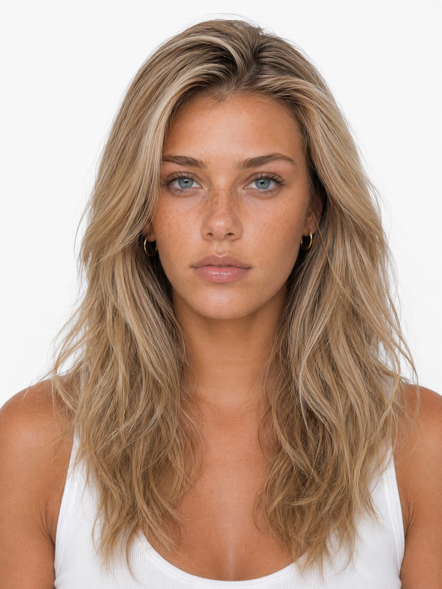 Young female fashion model with voluminous, sun-kissed blonde hair and blue eyes.