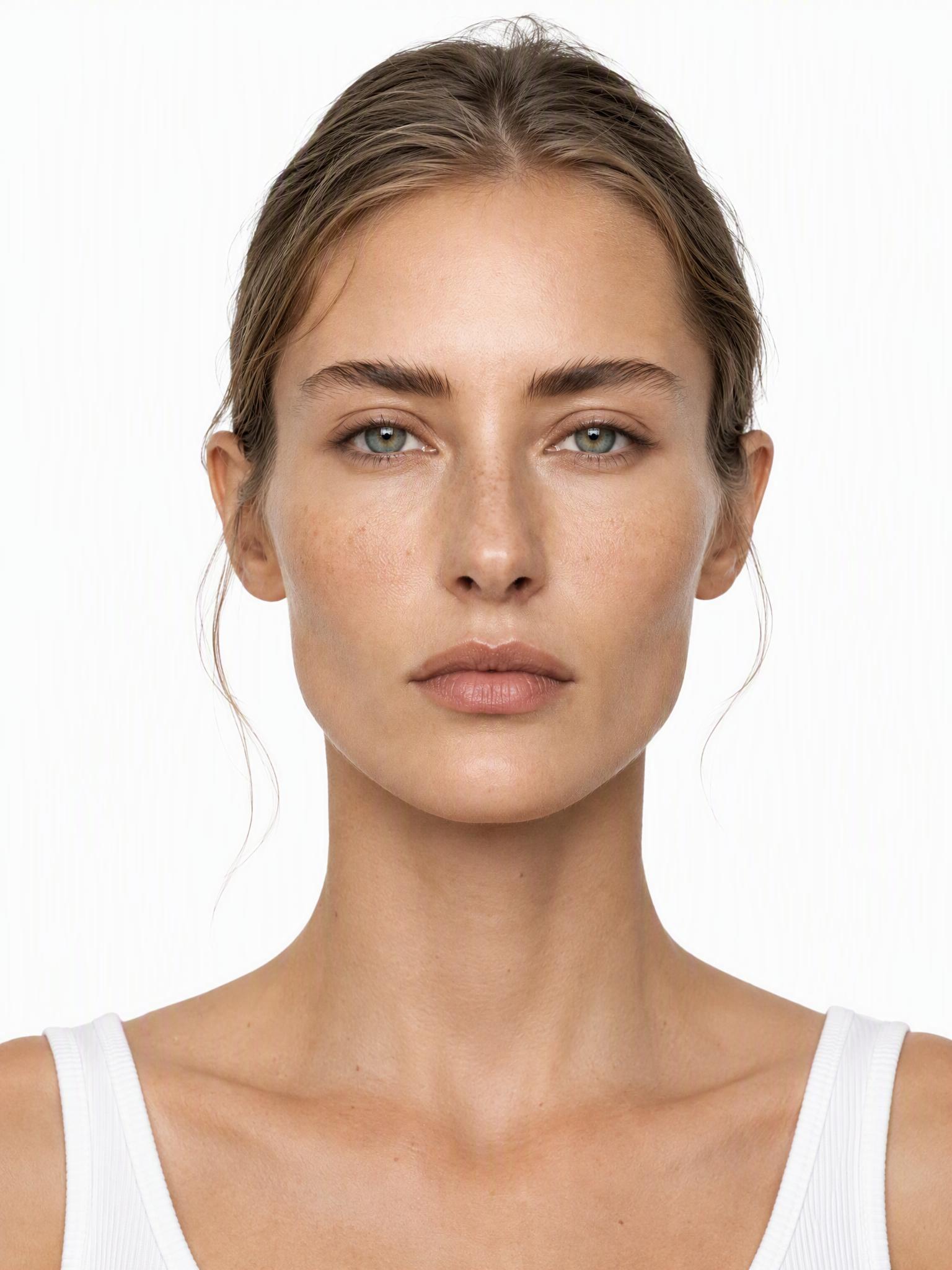 Young female fashion model with ash-blonde tied-back hair and visible face freckles