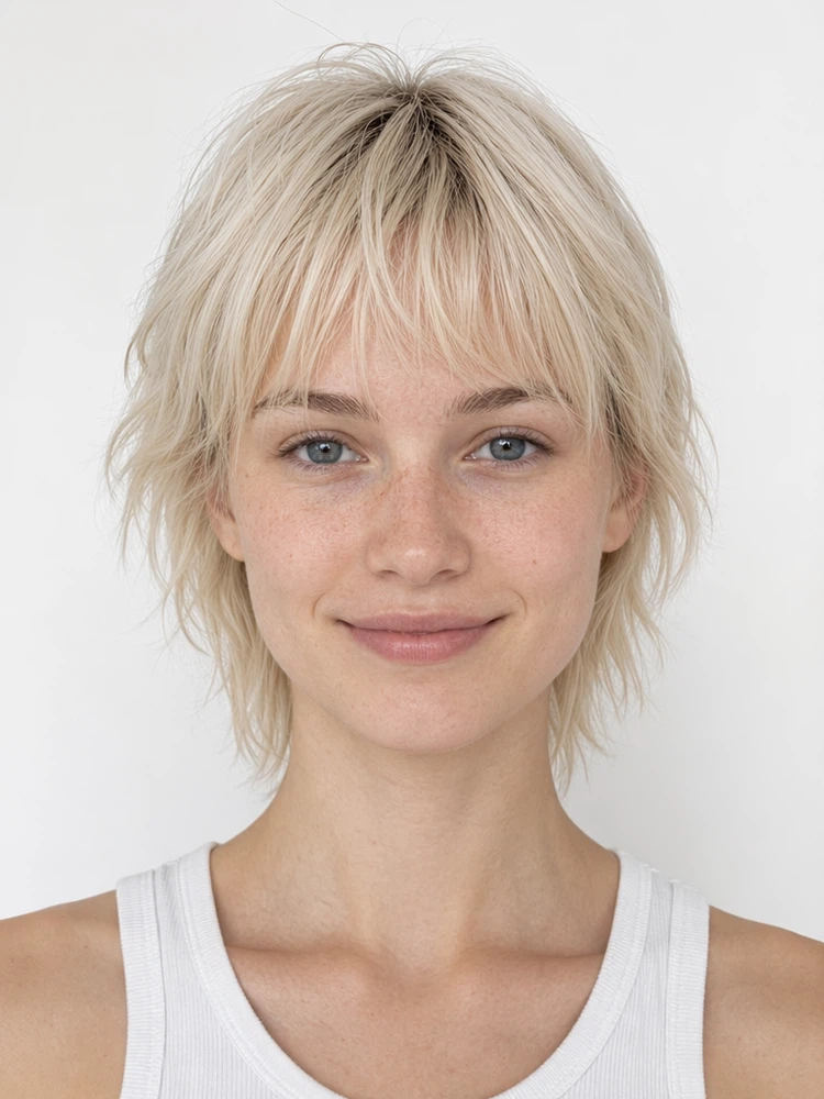 Young female fashion model with short platinum blonde shag hair