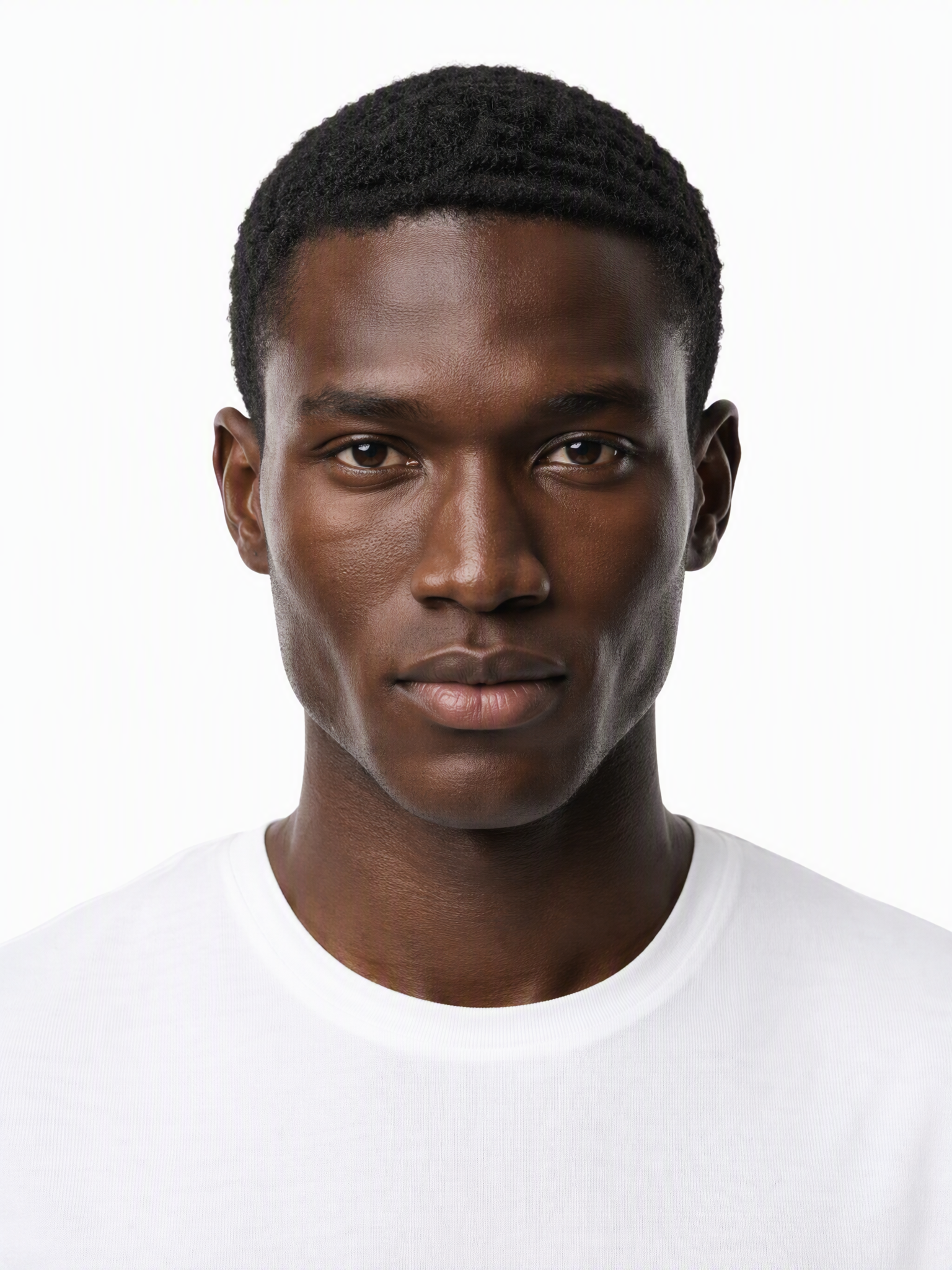 Young male fashion model with a very short, dark buzz cut.
