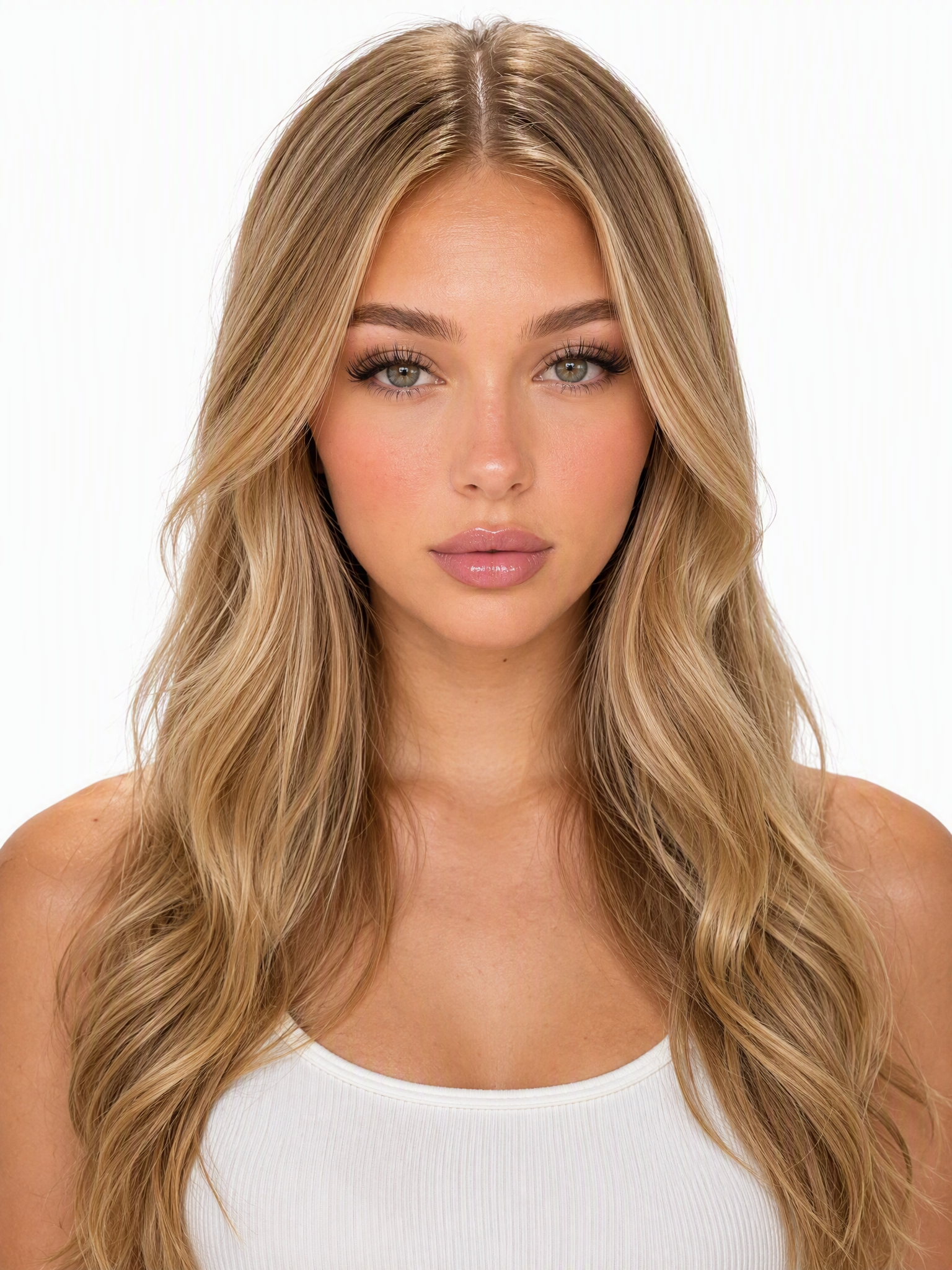 A young female fashion model with long wavy blonde hair, green eyes, medium shot, plain white background, studio lighting, photo-realistic.