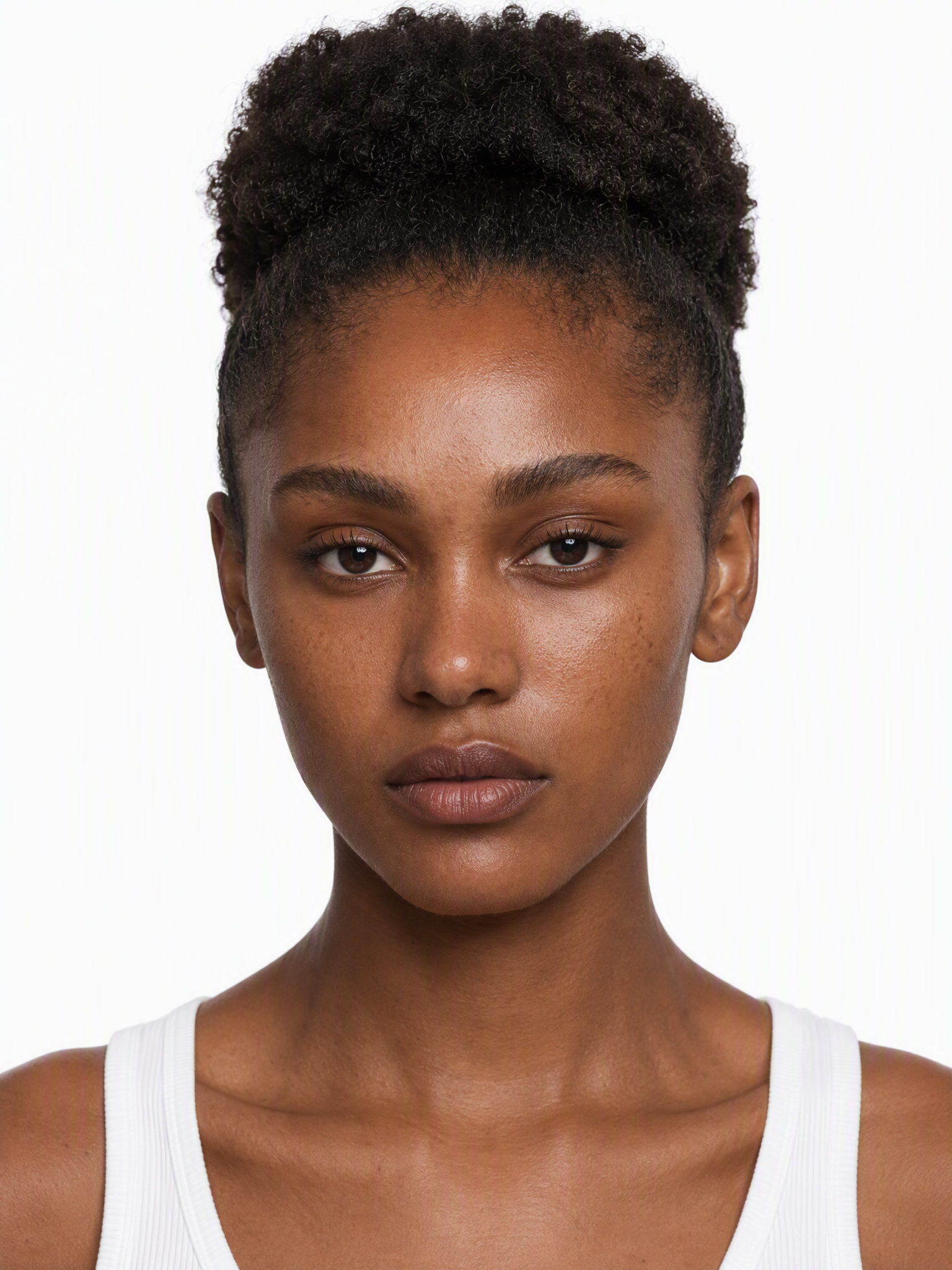 Young female fashion model with short, natural dark curly hair.