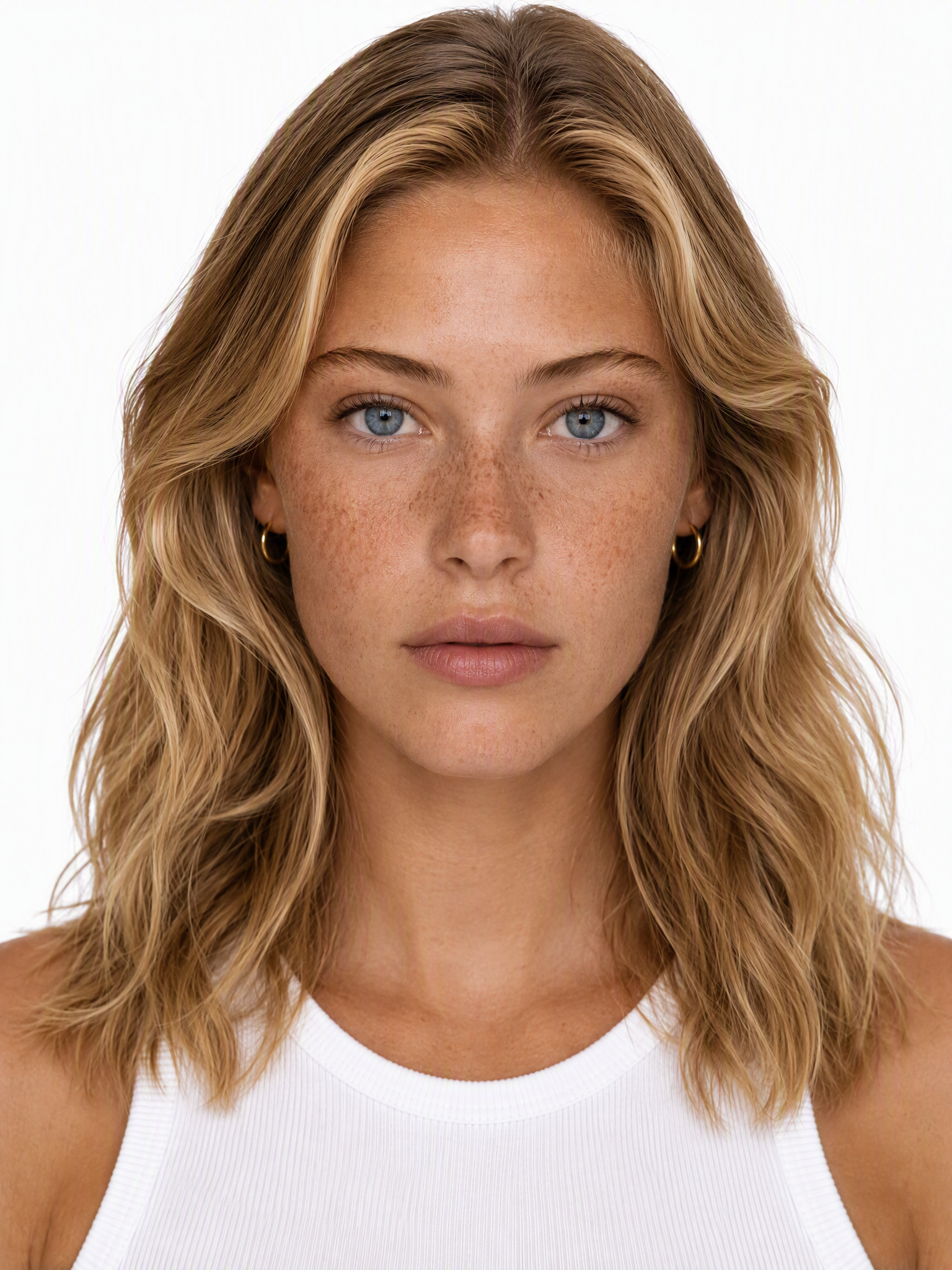 Young female fashion model with wavy blonde hair, blue eyes and freckles