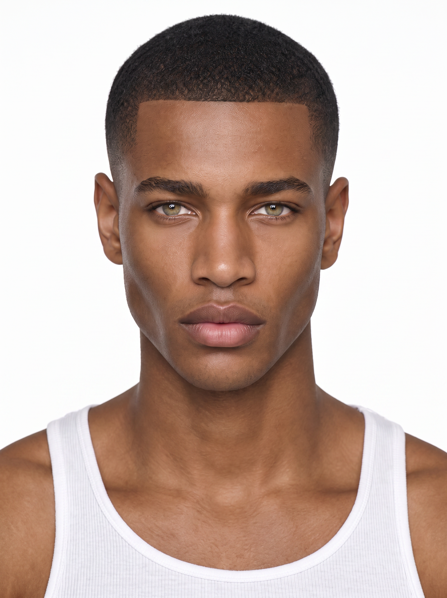 A young Black male model with a close buzz cut, sharp hairline, hazel eyes, wearing a white tank top, medium shot, plain white background, studio lighting, photo-realistic.