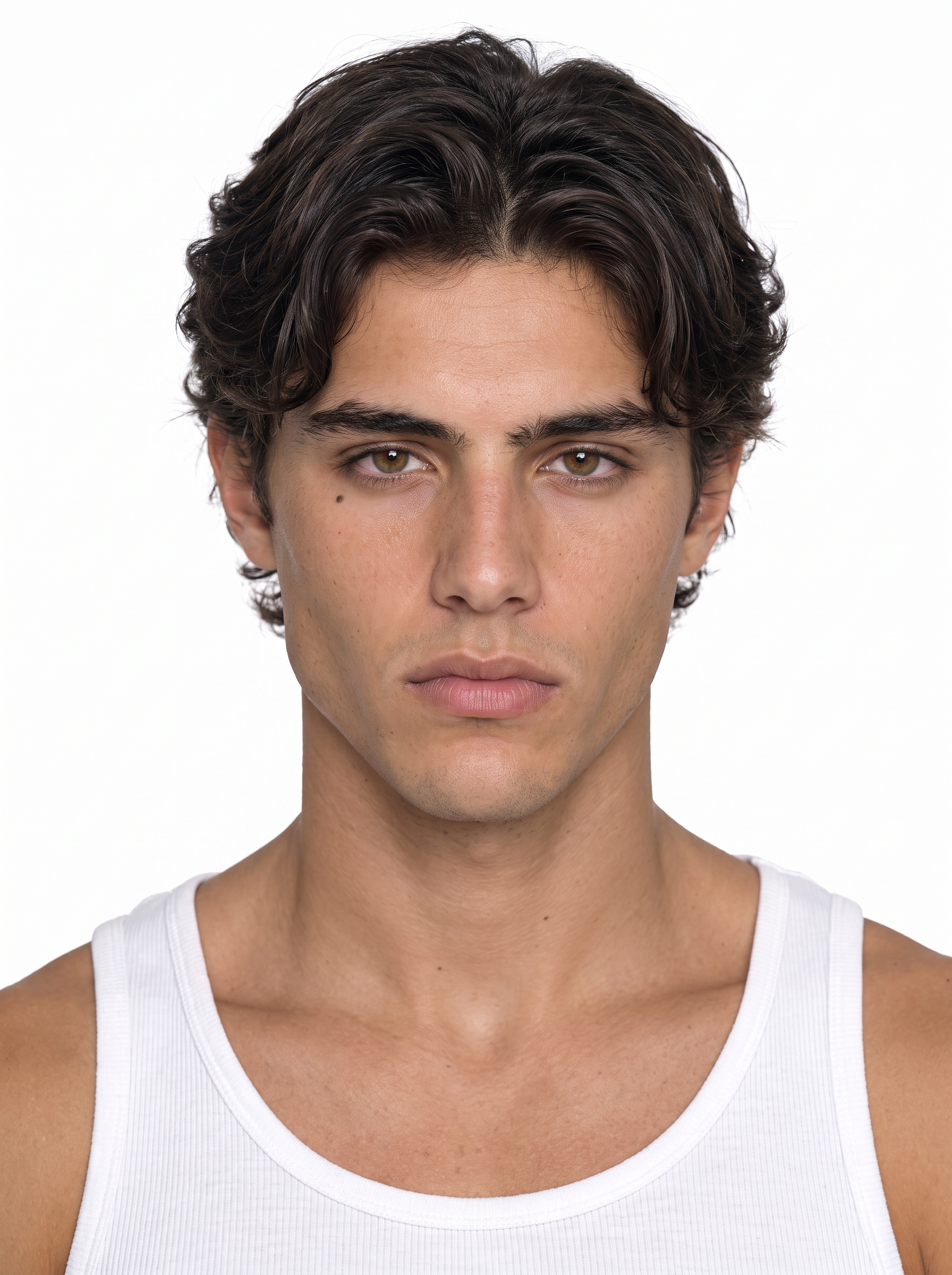 A young male fashion model with dark wavy hair parted in the middle, brown eyes, wearing a white tank top, medium shot, plain white background, studio lighting, photo-realistic.