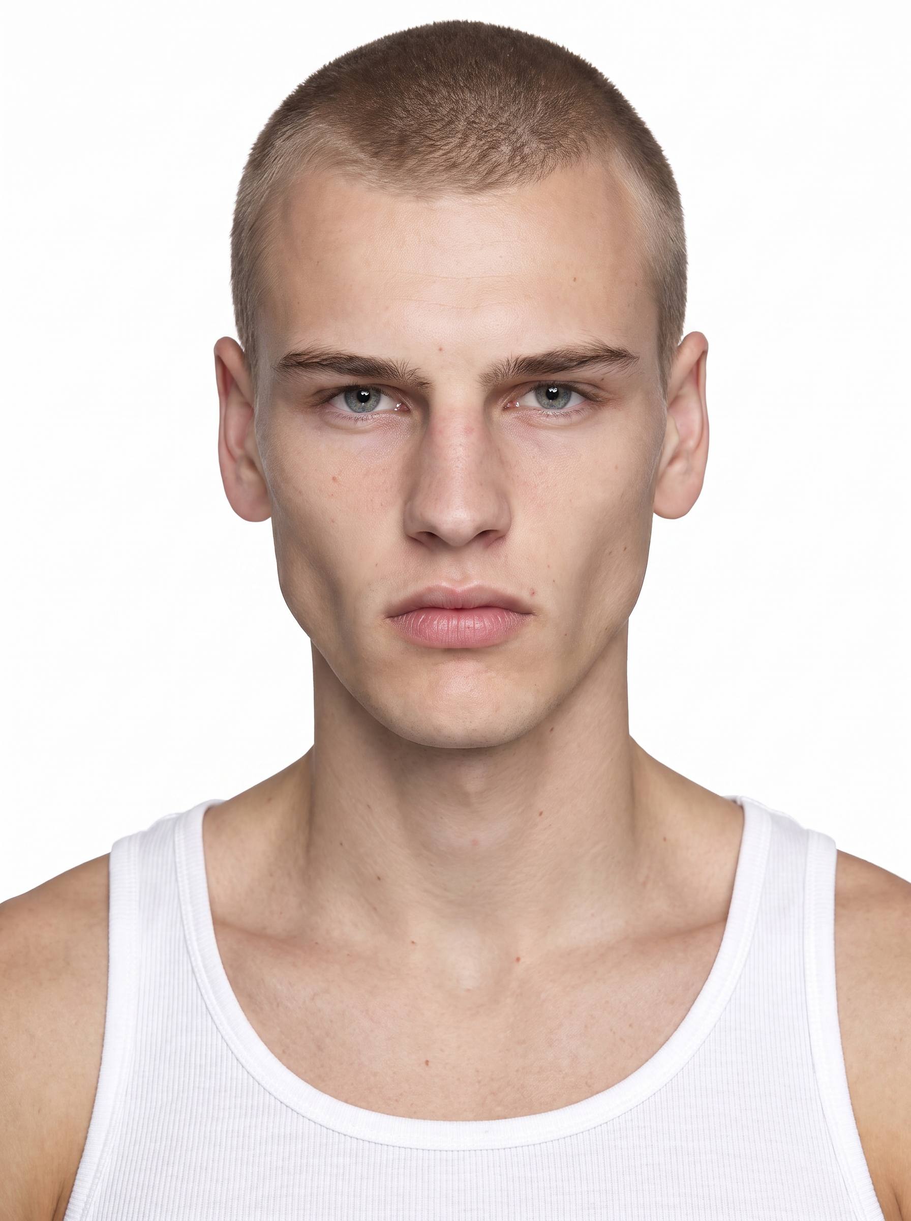 A young male fashion model with a platinum blonde buzz cut, blue eyes, wearing a white tank top, medium shot, plain white background, studio lighting, photo-realistic.