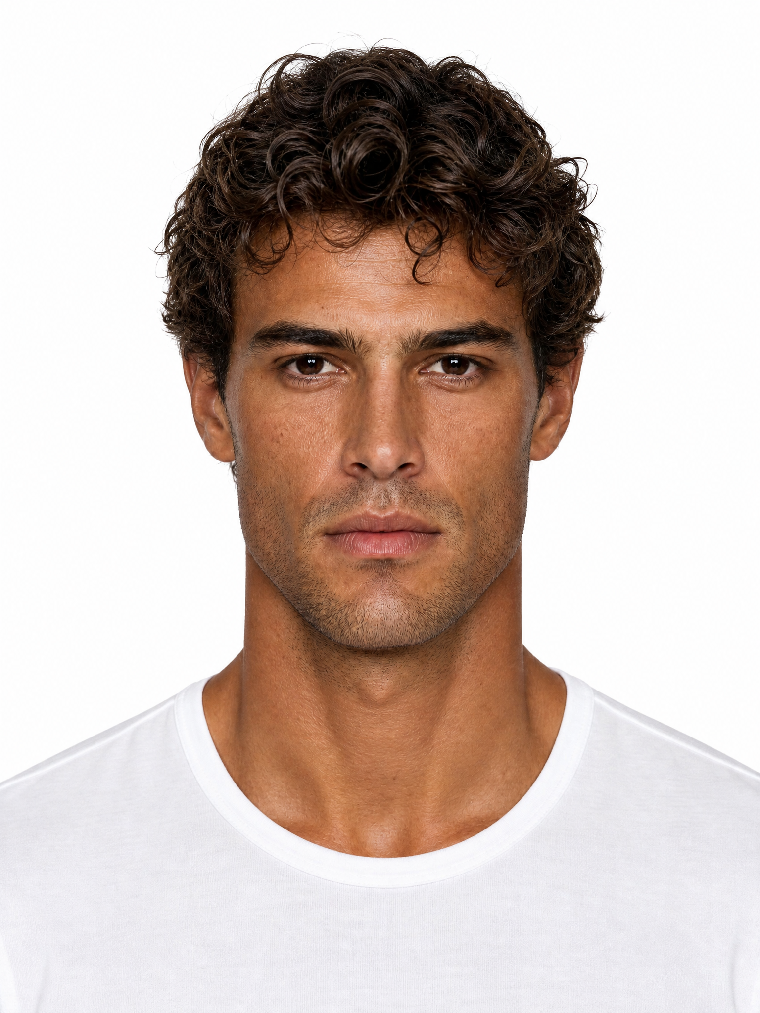 Young male fashion model with short, naturally curly dark brown hair and light stubble.