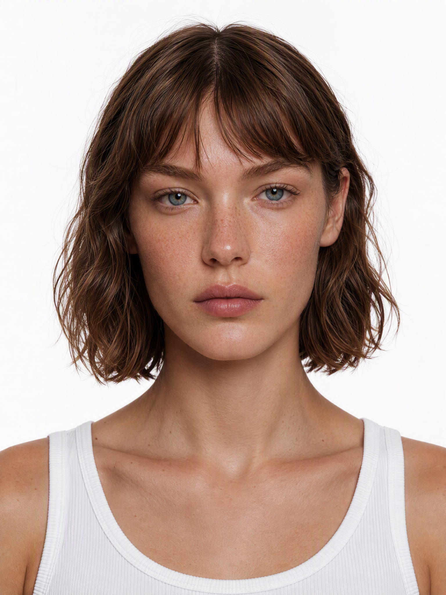 Young female fashion model with a chin-length brown bob and a textured finish.