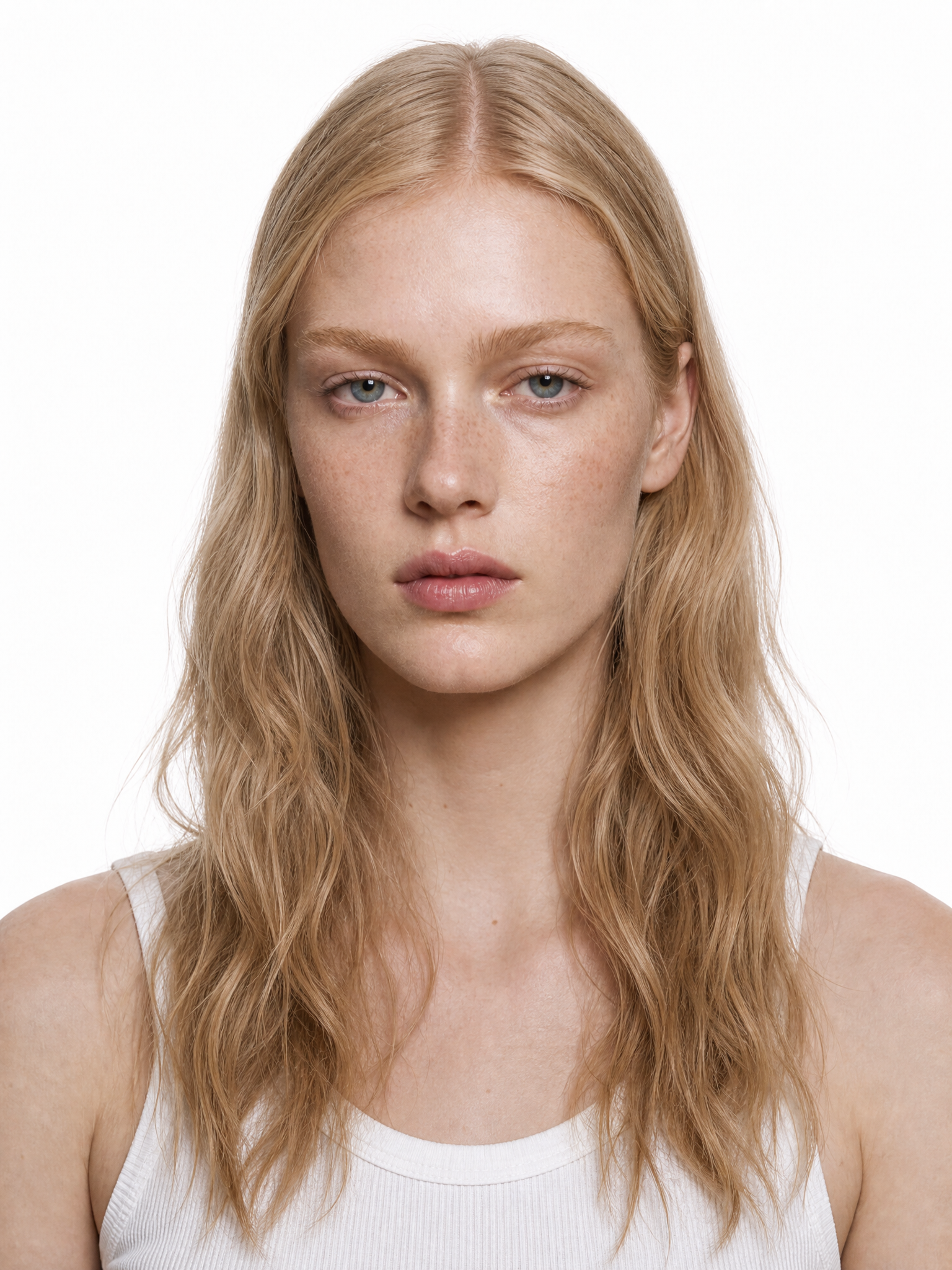 Young female fashion model with long, wavy blonde hair and a middle part.