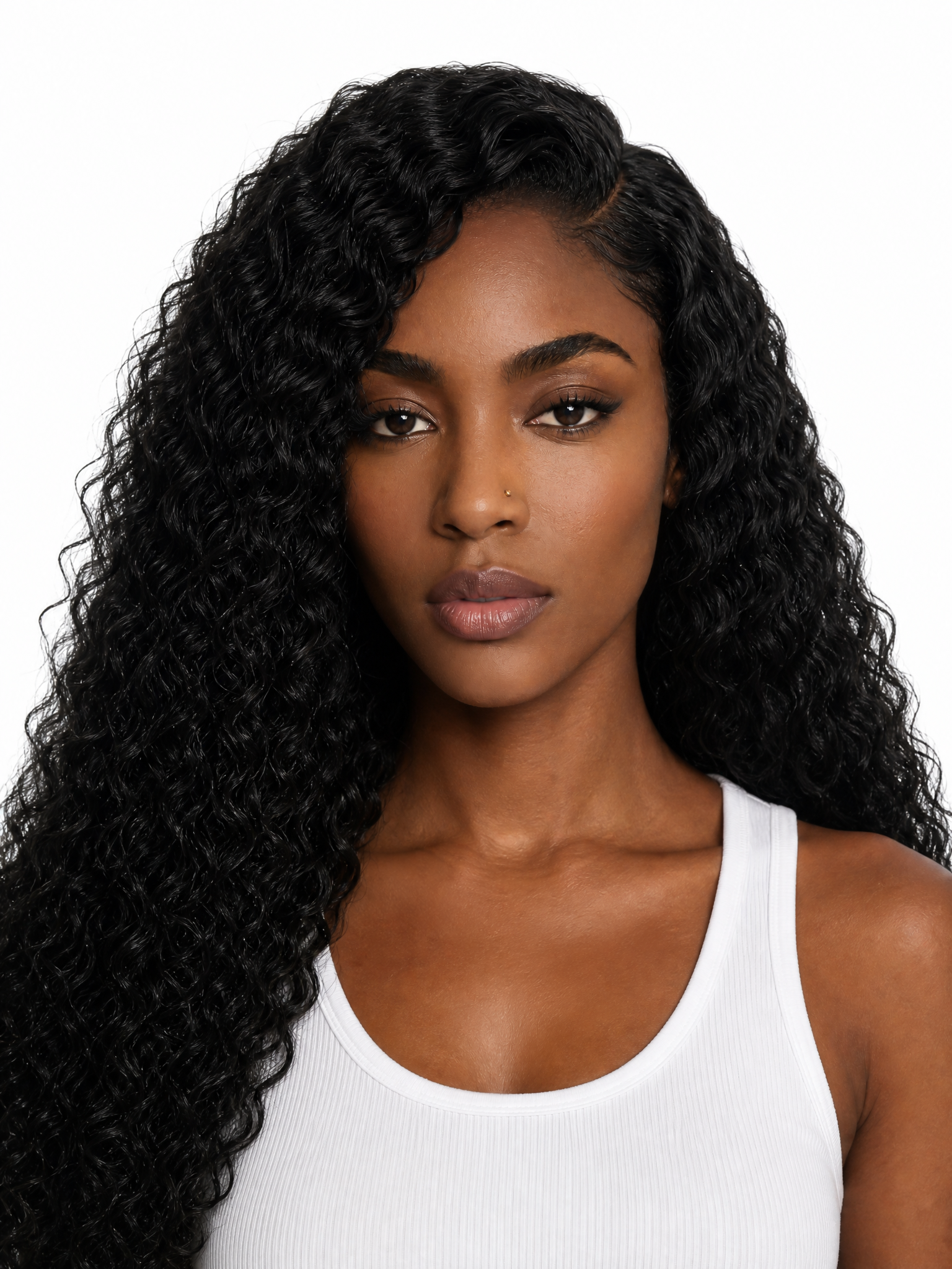 A young Black female model with long voluminous curly black hair, medium shot, plain white background, studio lighting, photo-realistic