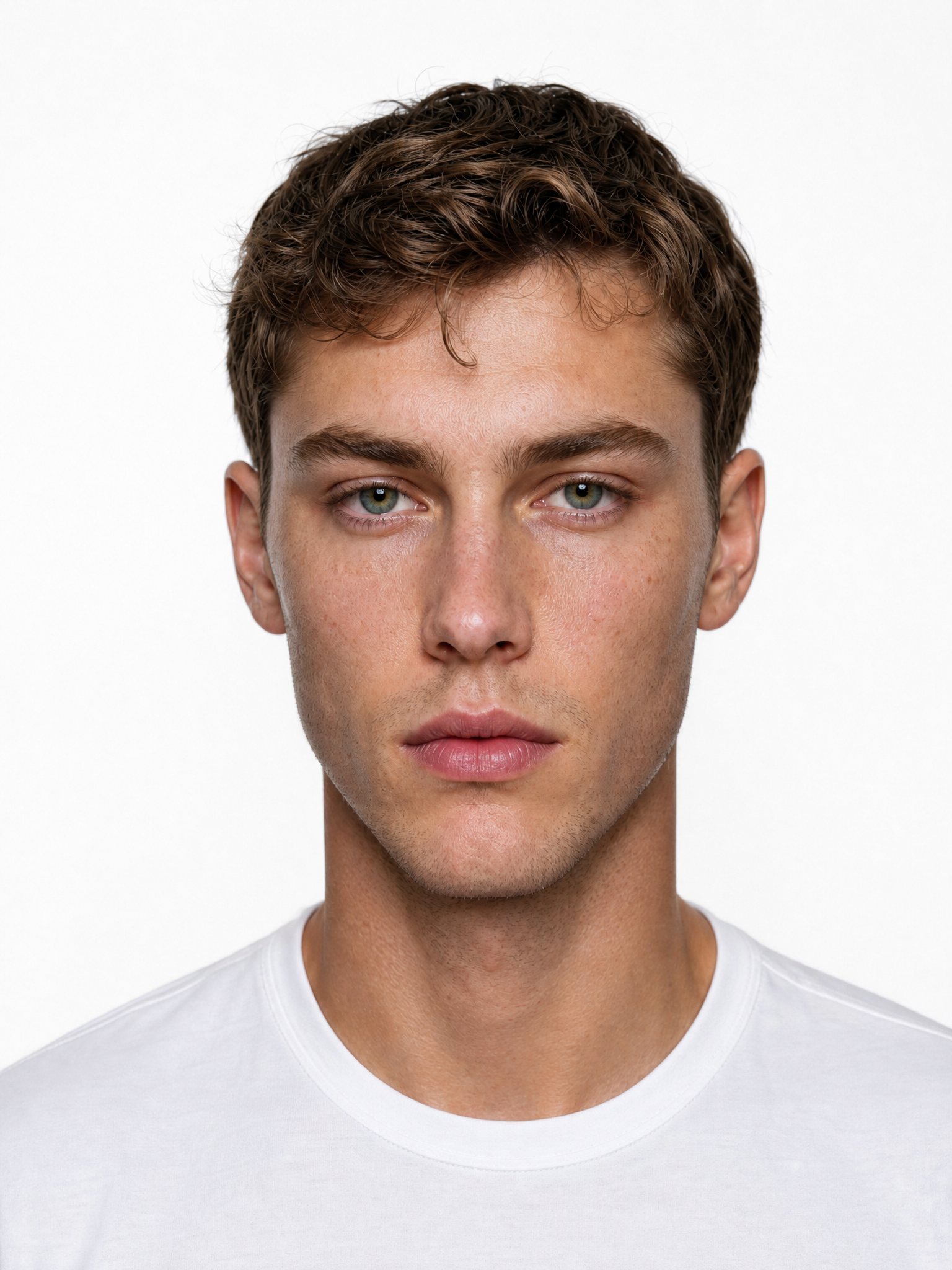 Young male fashion model with medium brown short curly hair, green eyes.