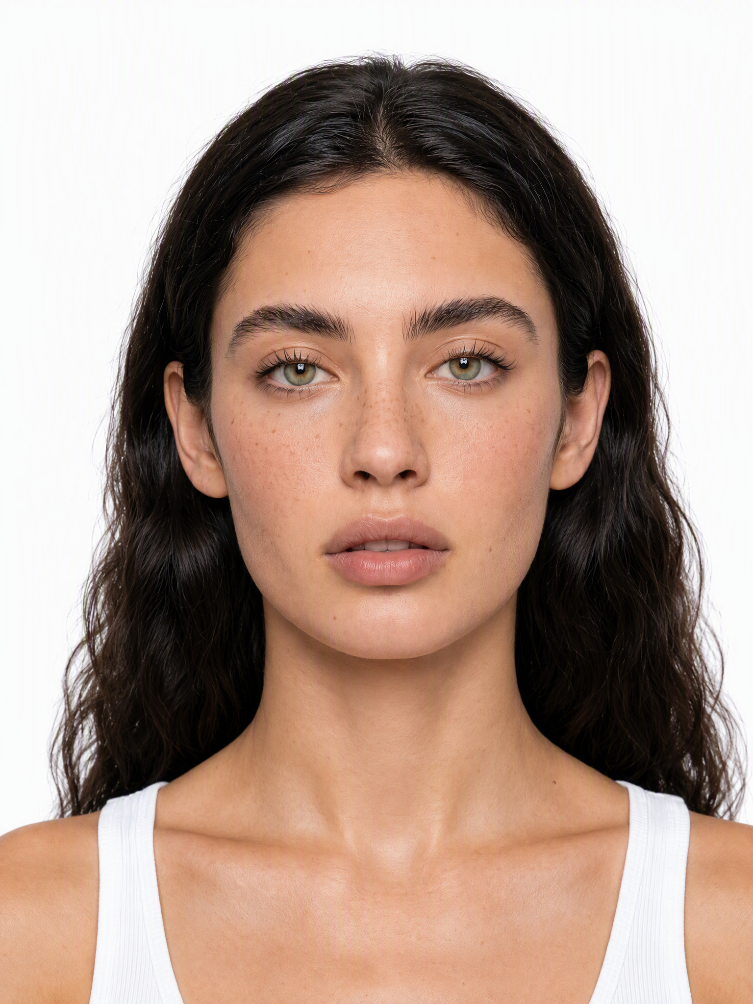 Young female fashion model with long, wavy dark brown hair and light freckles.