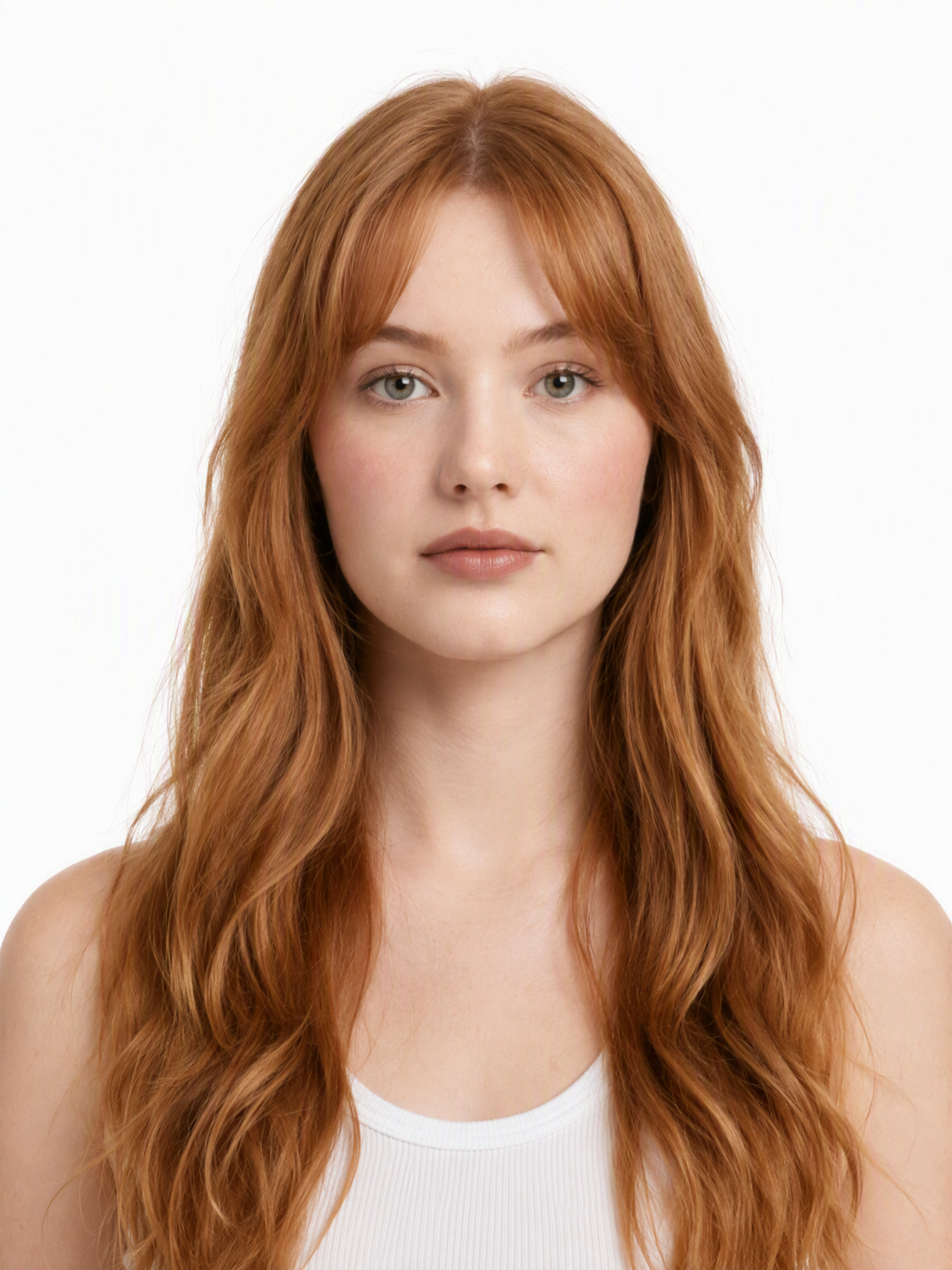 Young female fashion model with long, wavy red hair and a middle part.