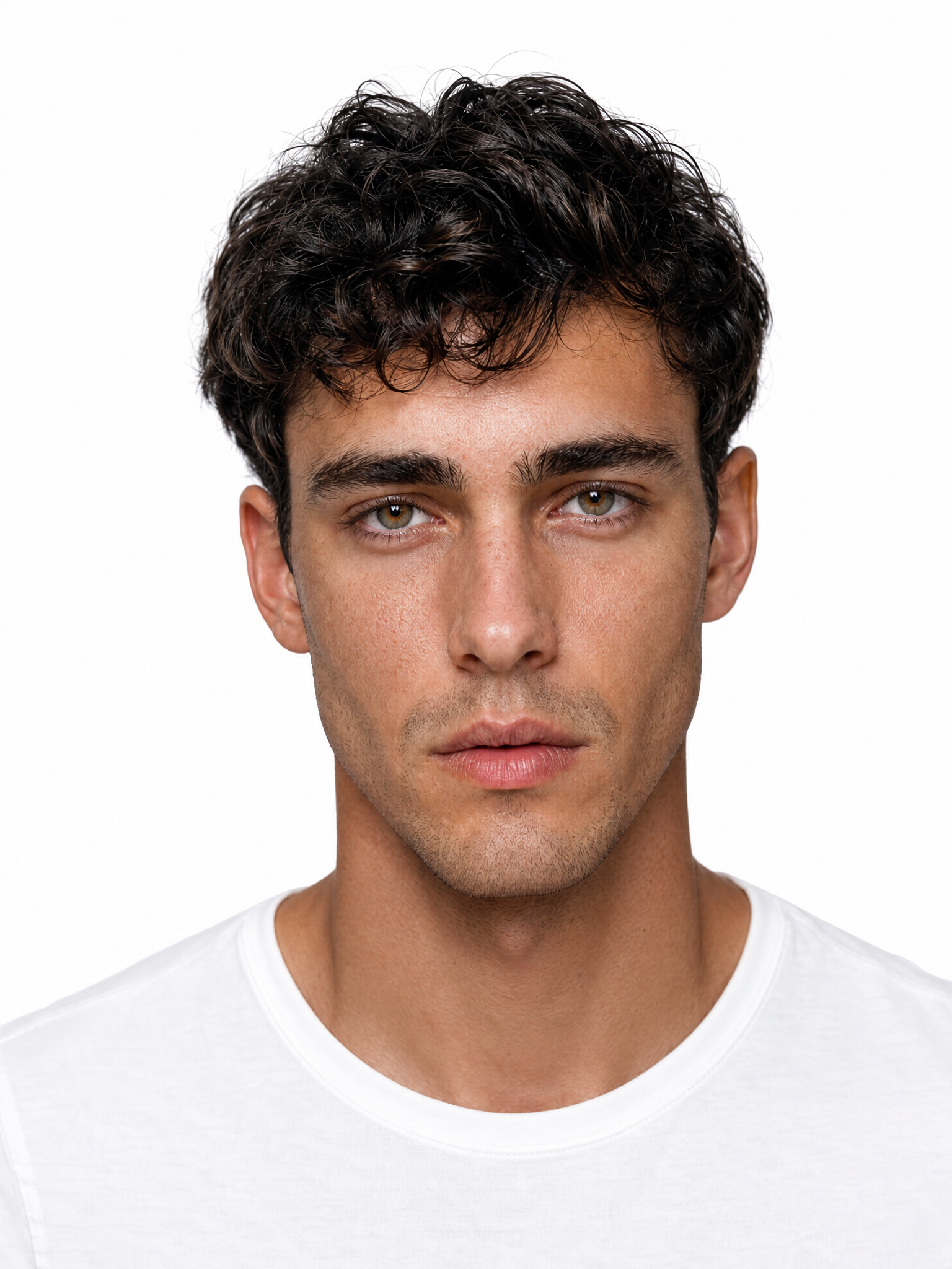 Young male fashion model with dark brown short curly hair, green eyes.