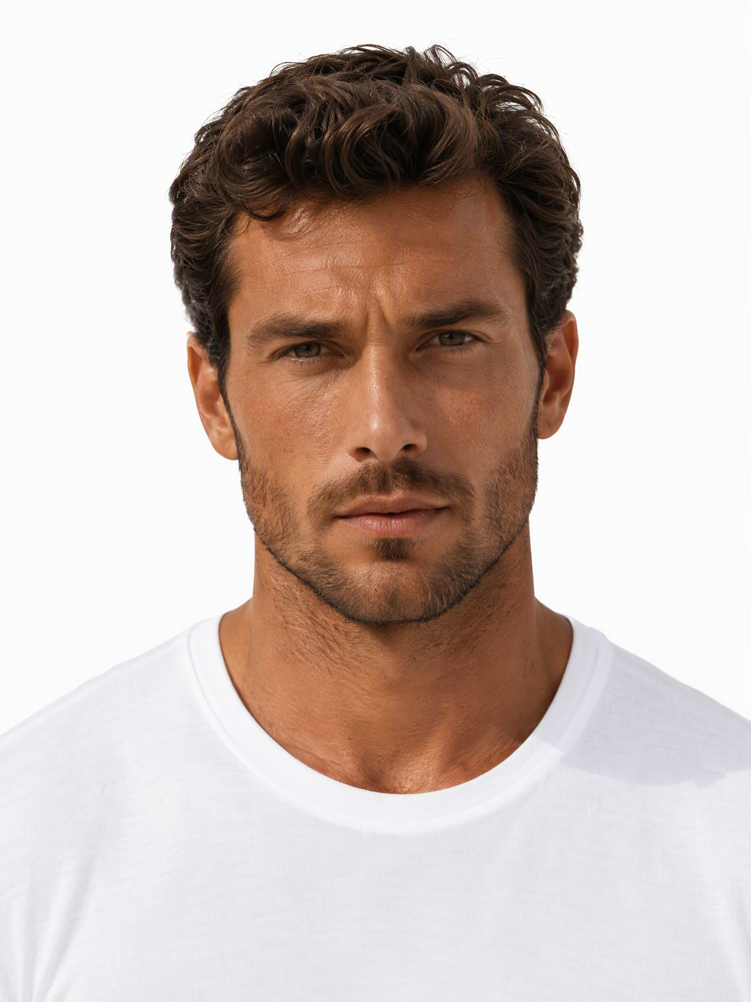 Young male fashion model with short, curly dark brown hair and a light beard.