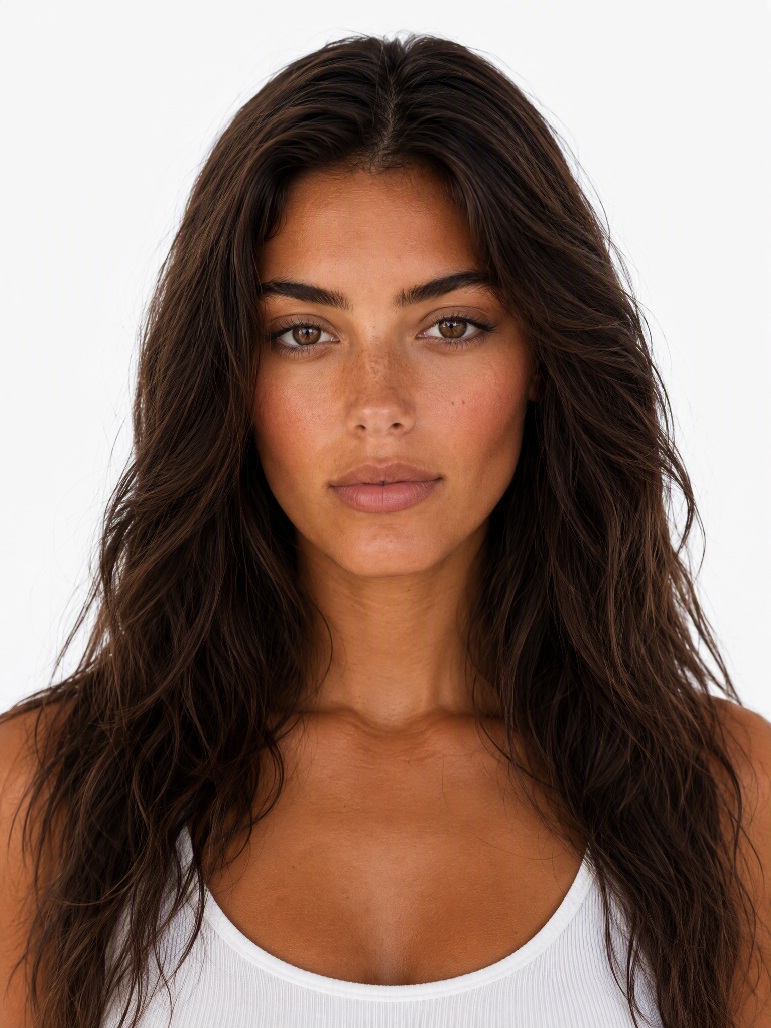 Young female fashion model with long, wavy dark brown hair and freckles.