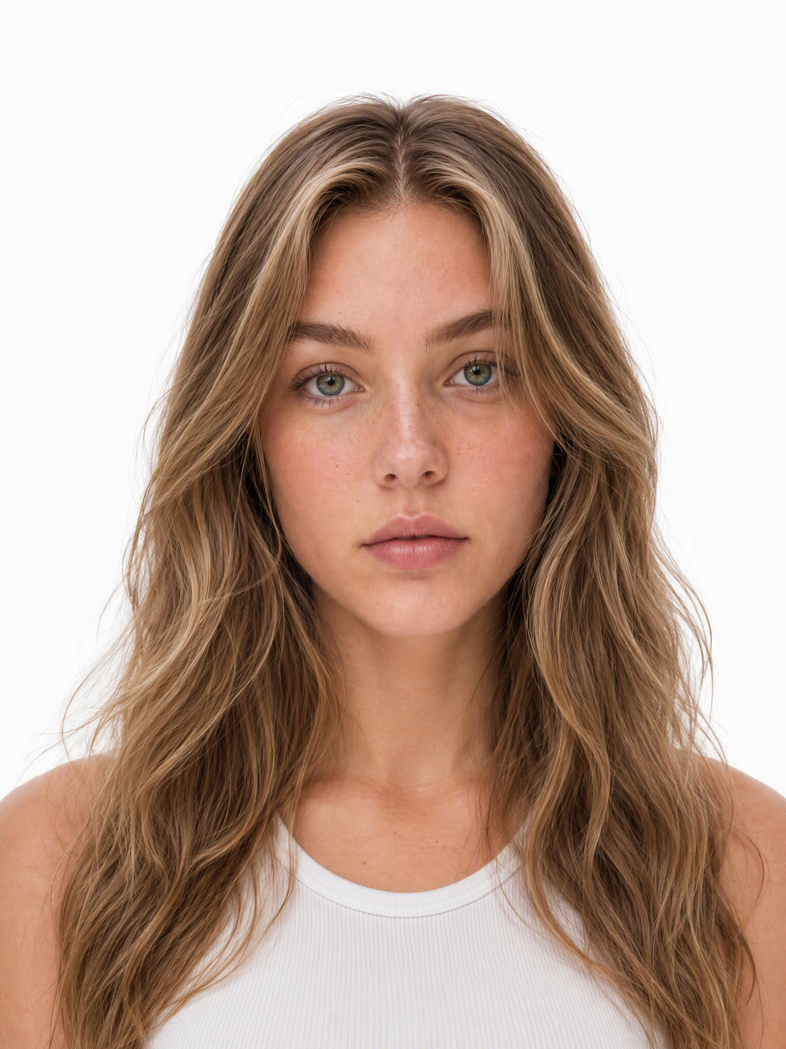 Young female fashion model with long wavy light brown hair and a middle part, green eyes, and light face freckles, headshot on a white background.