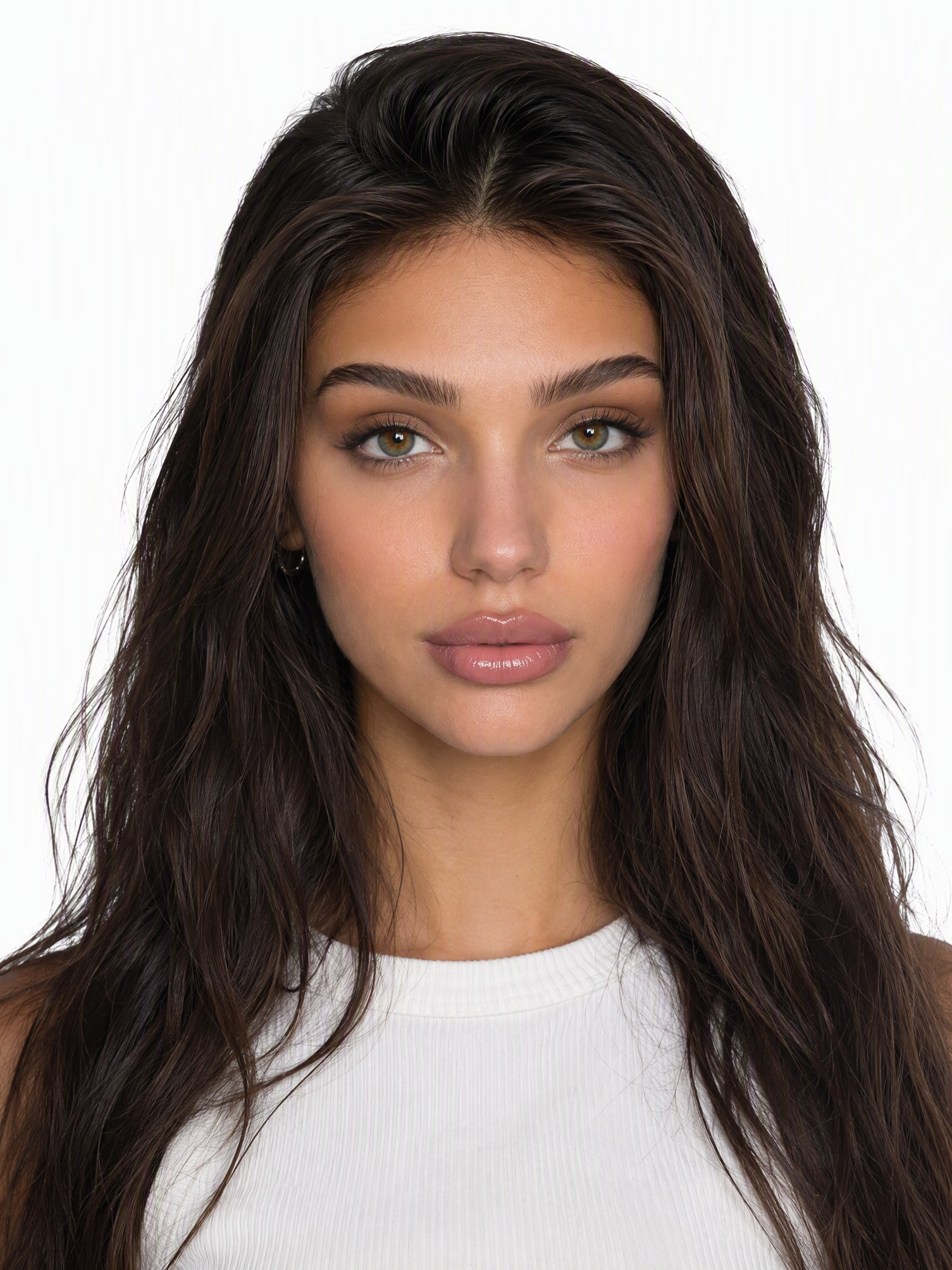 A young female fashion model with long dark brown wavy hair, hazel eyes, medium shot, plain white background, studio lighting, photo-realistic.