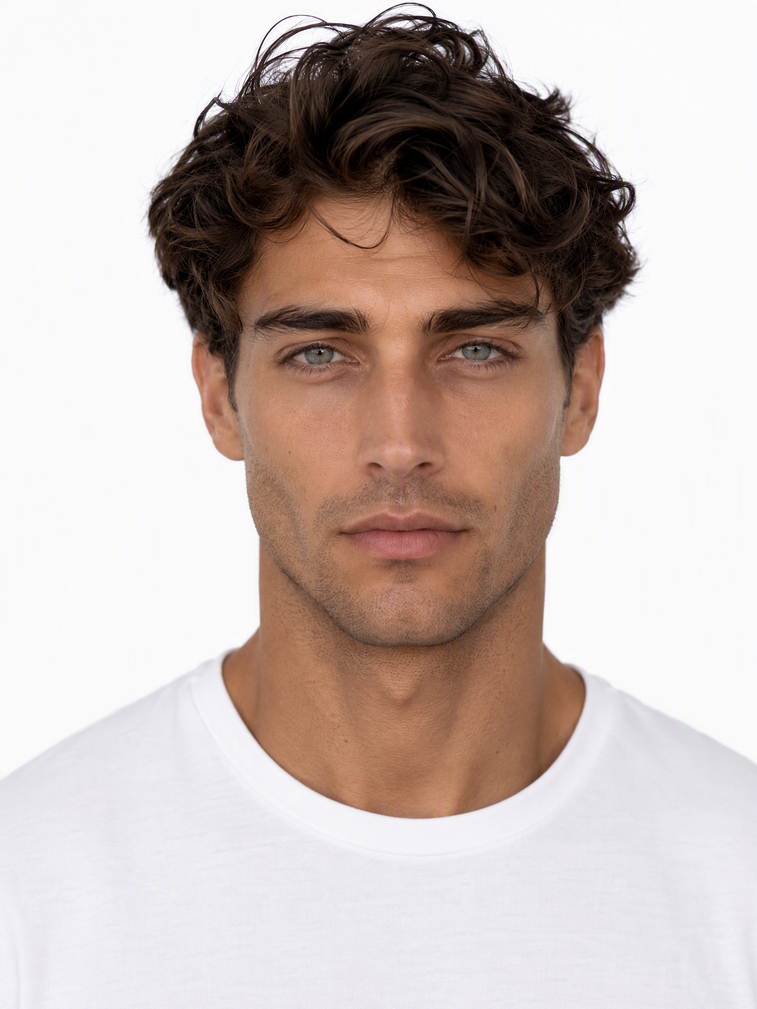 Young male fashion model with thick, wavy dark brown hair and light green eyes.