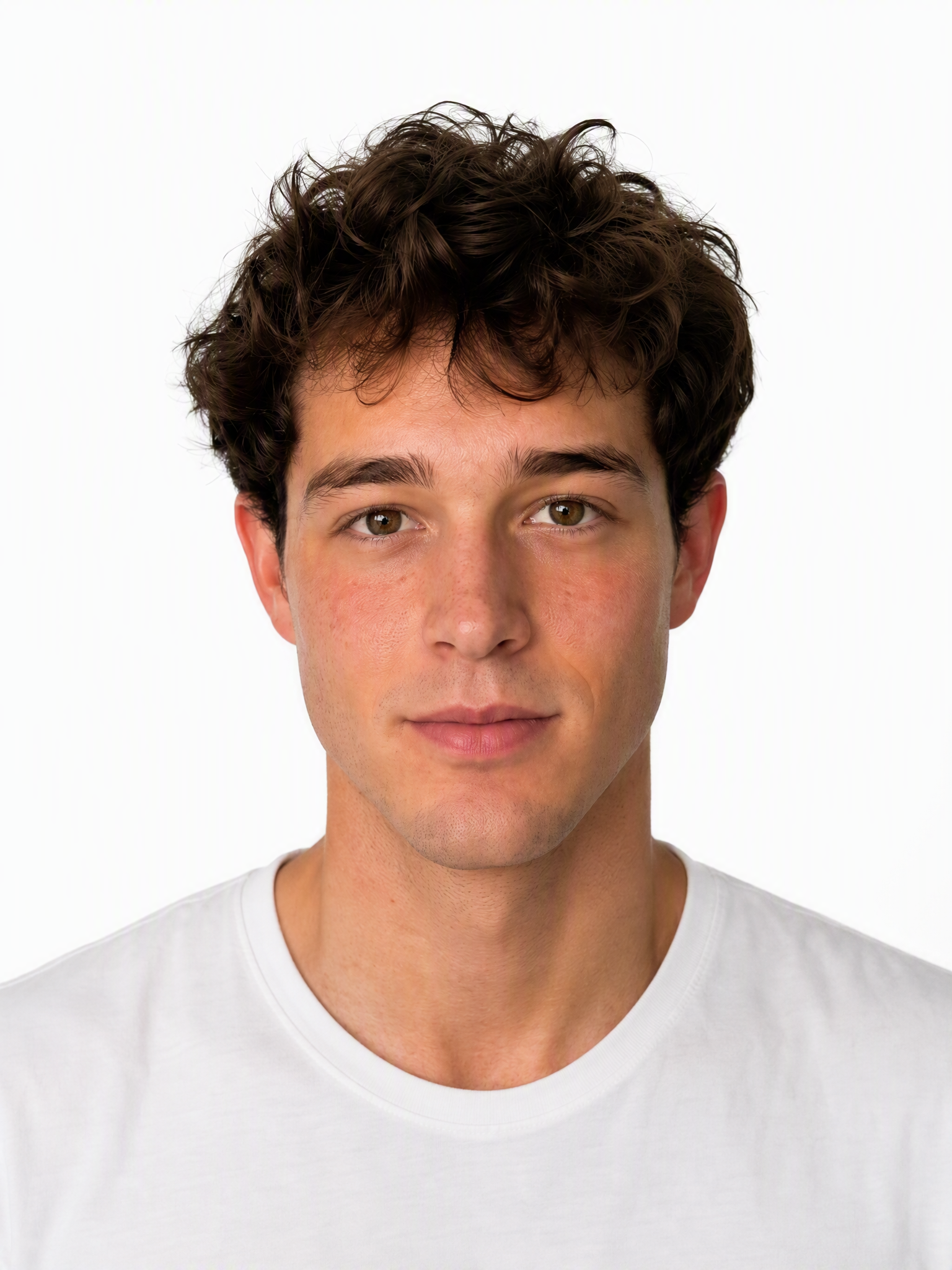 Young male fashion model with short, tousled dark brown hair and facial redness.