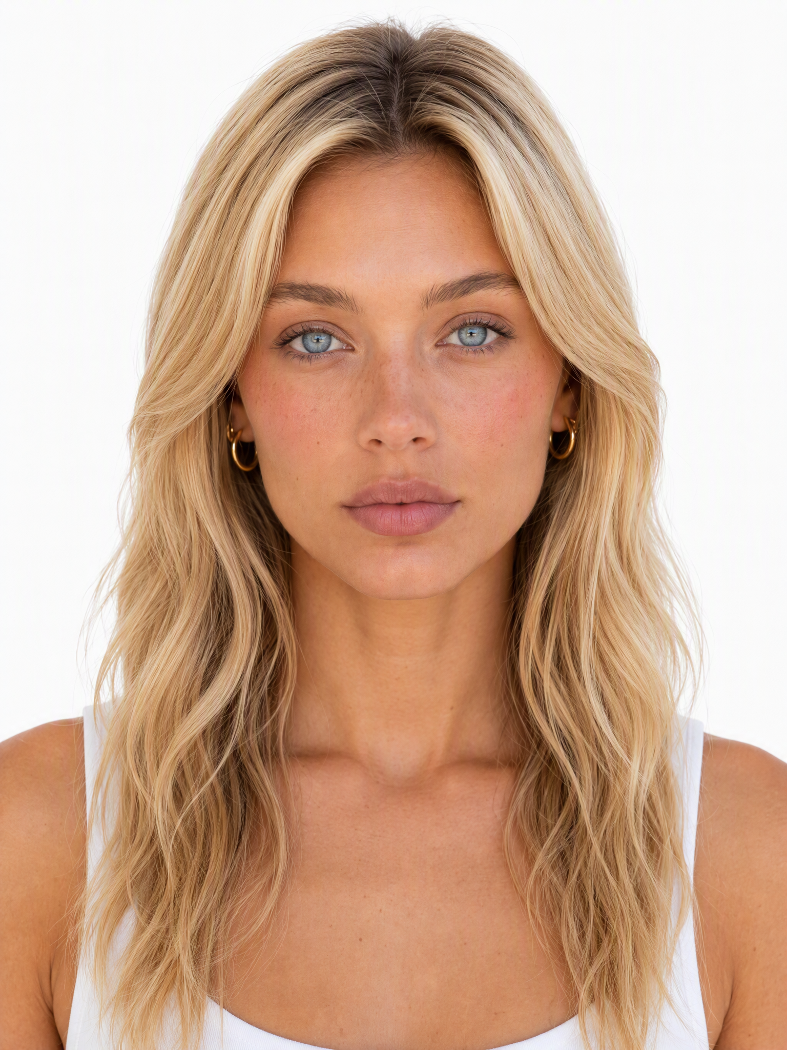 Young female fashion model with wavy, middle-parted blonde hair and blue eyes.