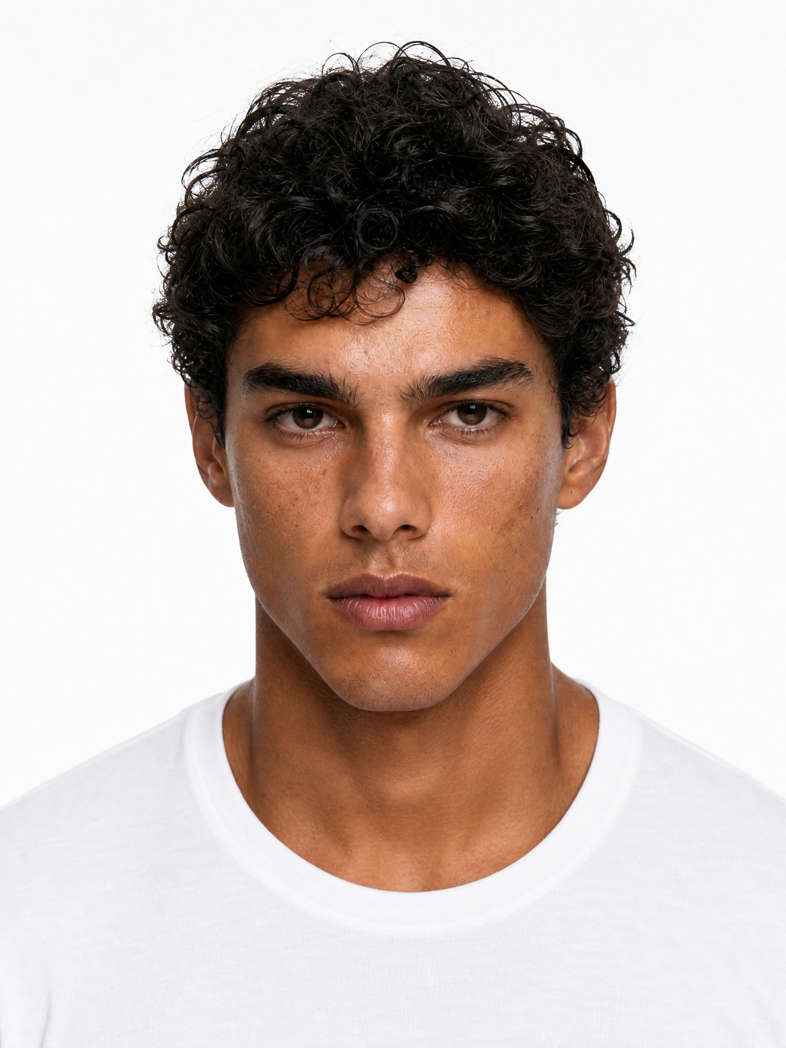 Young male fashion model with dark brown natural curly hair, light brown skin.