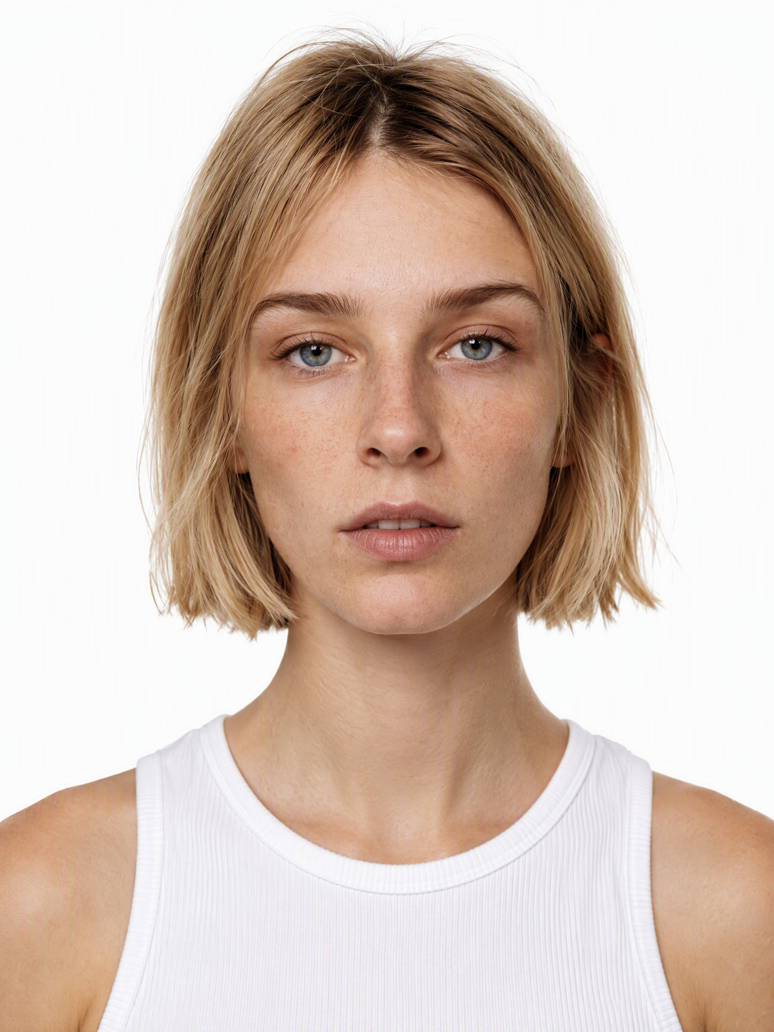 Young female fashion model with chin-length choppy blonde hair and noticeable face freckles.