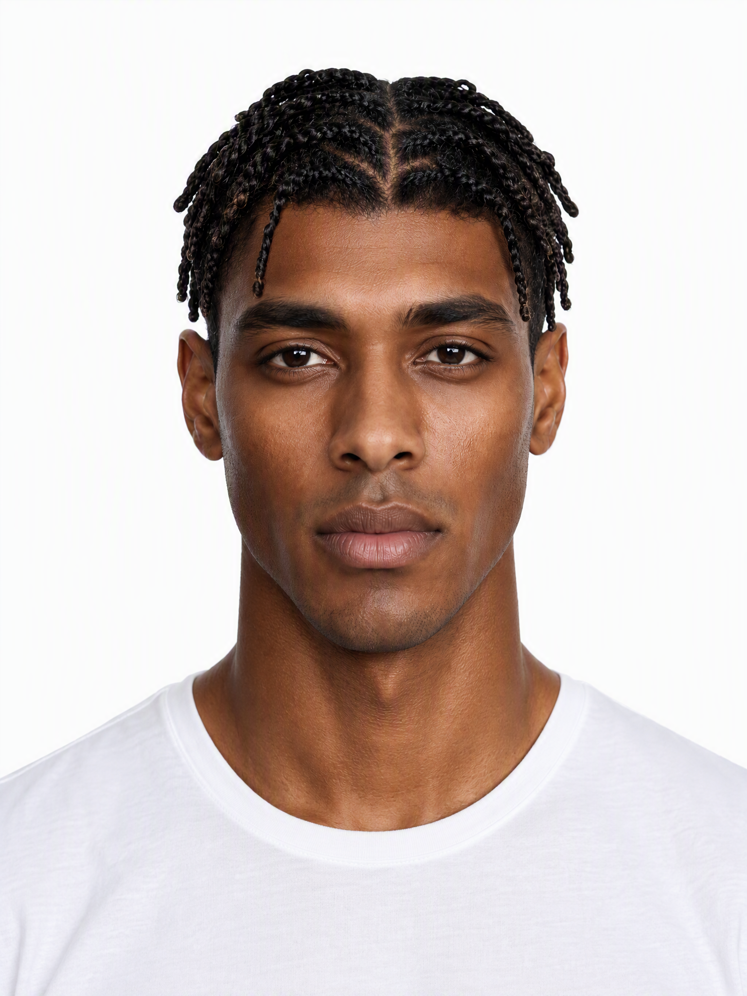 Young male fashion model with dark brown braided hair, middle parted.