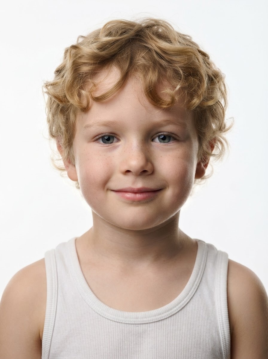 Young boy fashion model with short curly blonde hair, close-up.