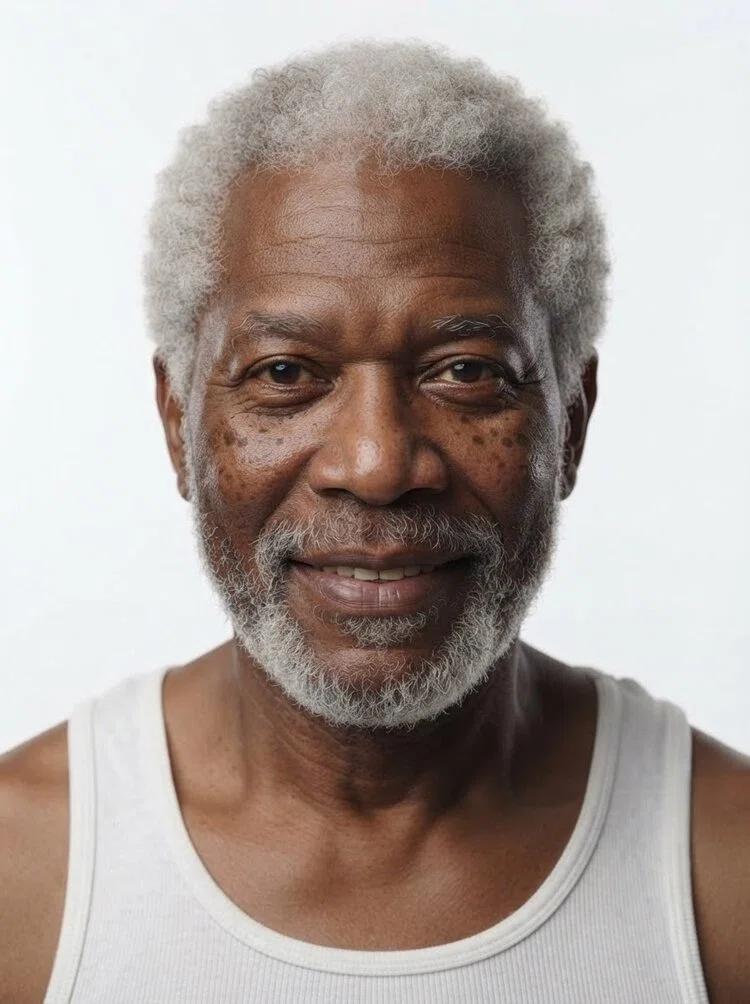 Old male fashion model with short curly grey hair, close-up.