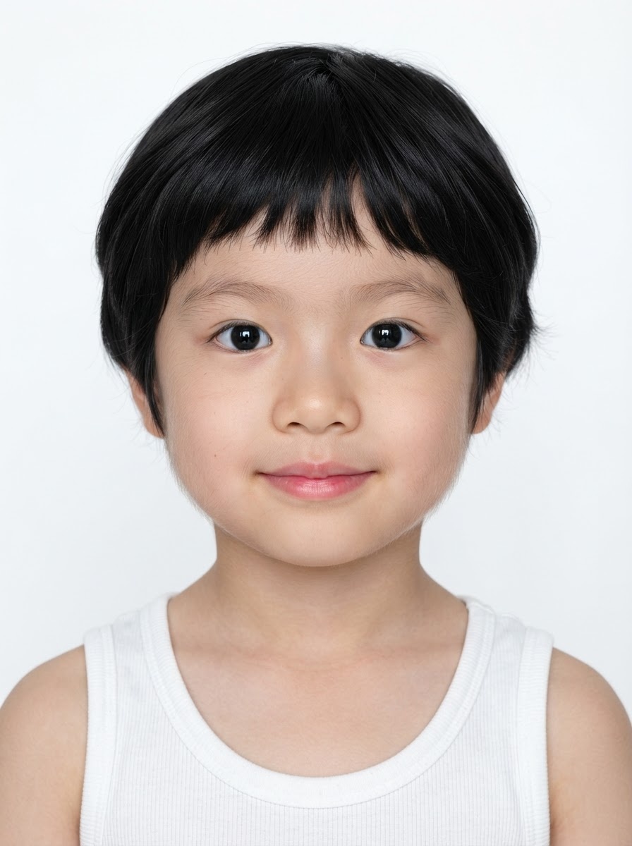 Young boy fashion model with short black bowl cut, close-up.