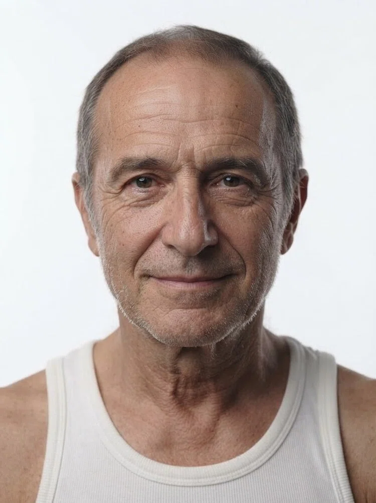 Old male fashion model with short thinning salt-and-pepper hair, close-up.