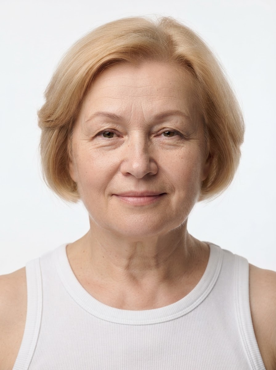 Old female fashion model with short strawberry blonde bob, close-up.