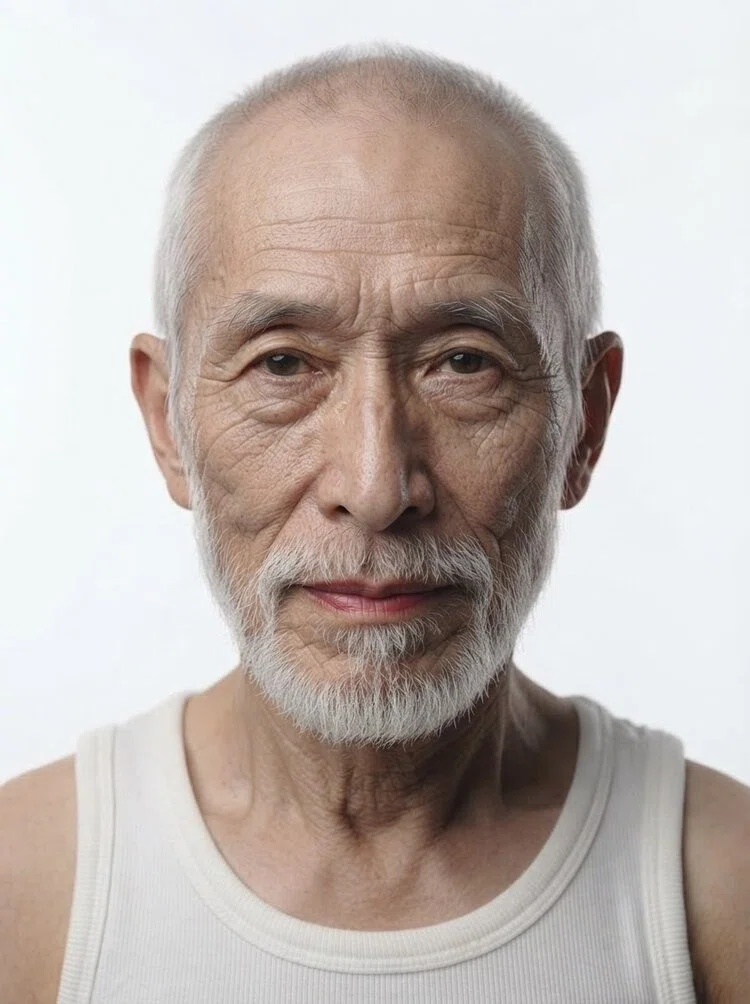 Old male fashion model with short white hair and beard, close-up.