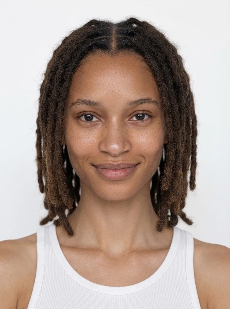 Young female fashion model with shoulder-length dark brown dreadlocks