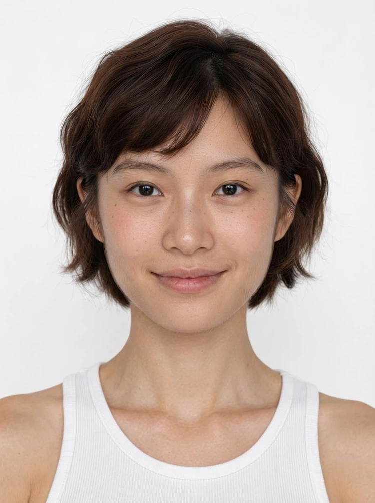 Young female fashion model with short dark brown bob