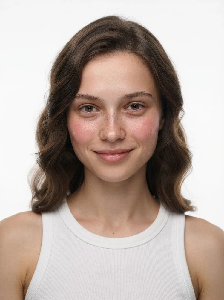 Young female fashion model with shoulder-length dark brown wavy hair