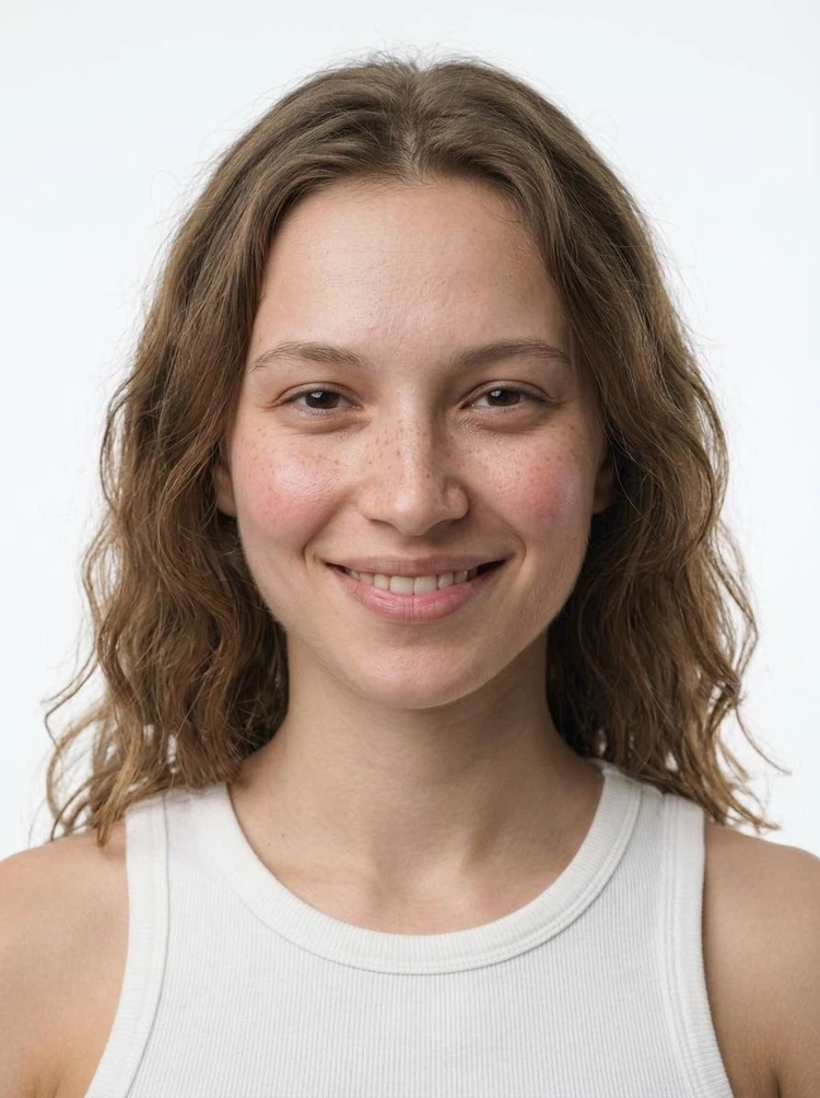 Young female fashion model with shoulder-length wavy light brown hair