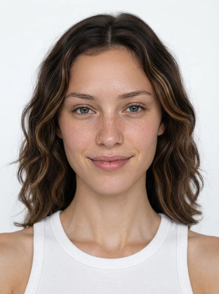 Young female fashion model with shoulder-length wavy brown hair