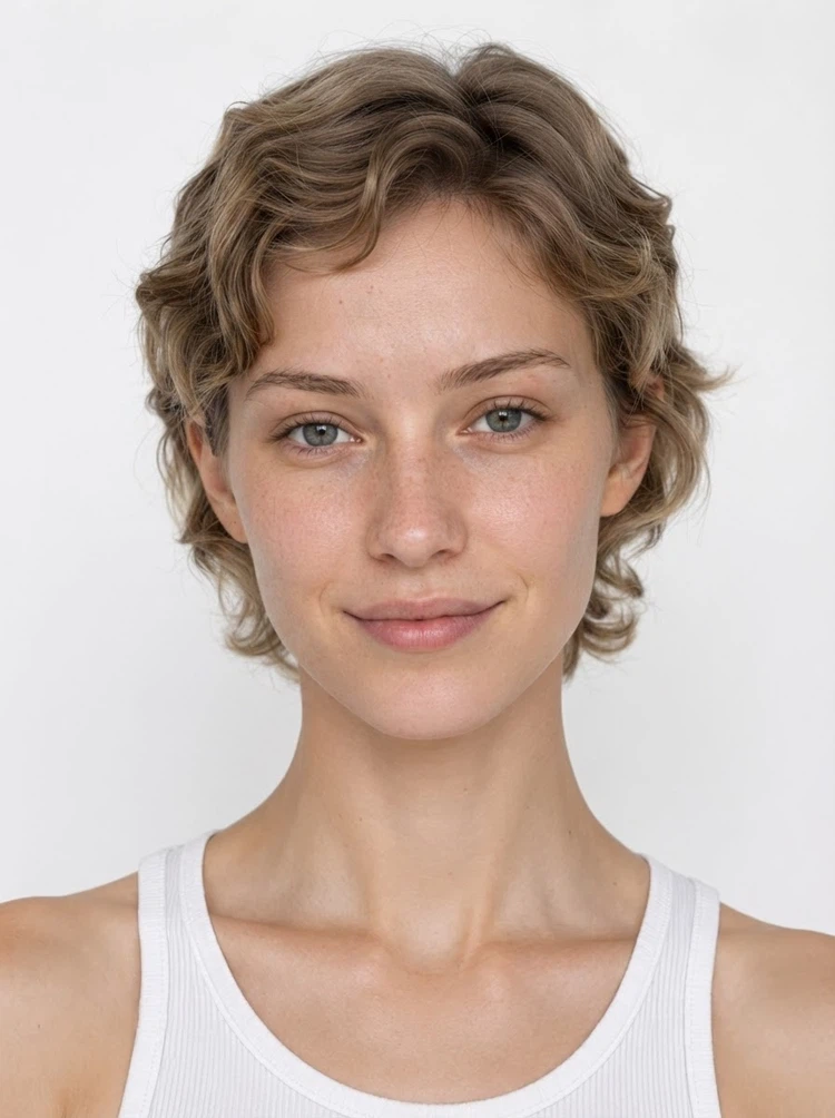 Young female fashion model with short dark blonde wavy hair