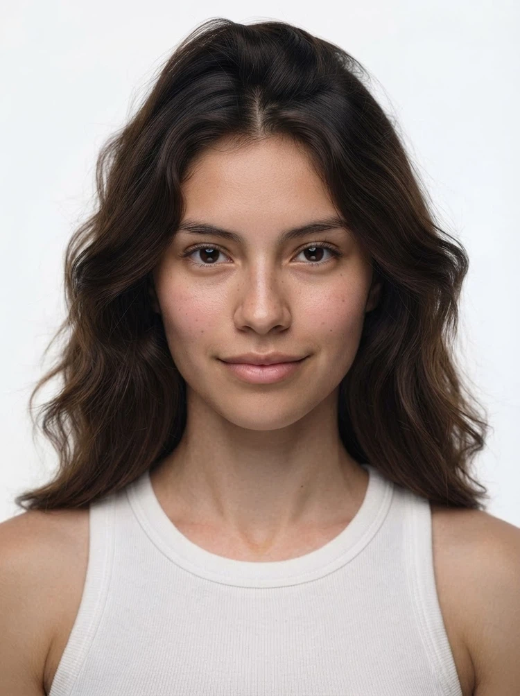 Young female fashion model with long dark brown wavy hair
