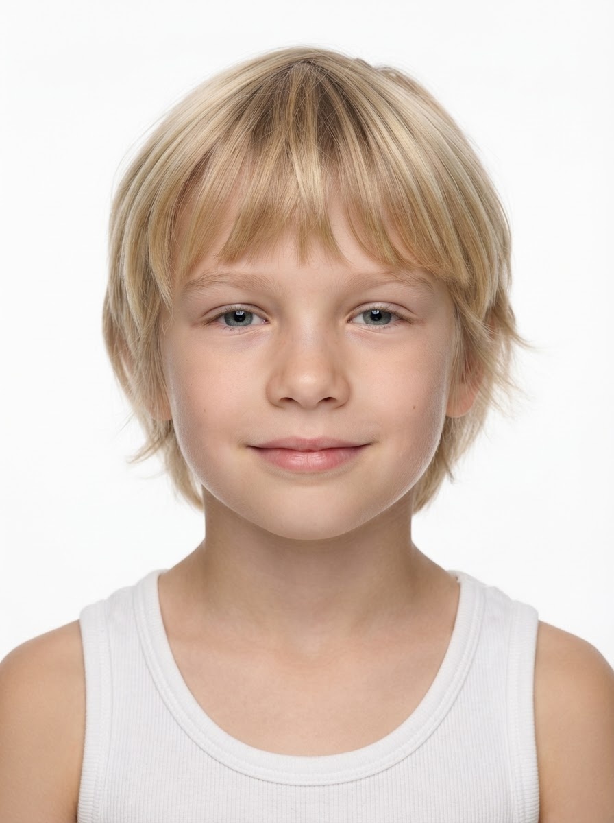 Young boy fashion model with medium-length straight blonde hair, close-up.