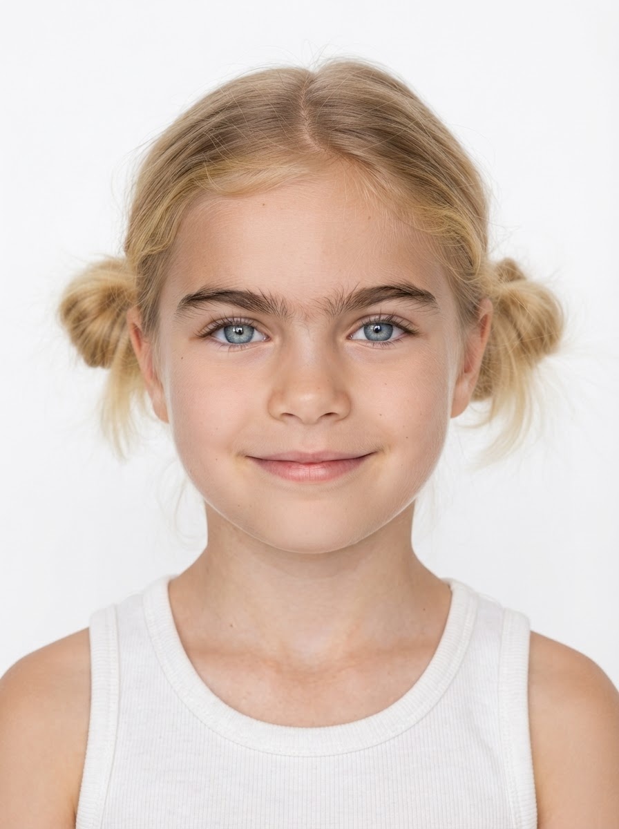 Young girl fashion model with blonde hair in side buns, close-up.
